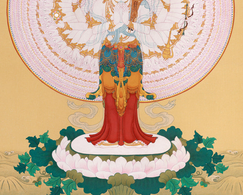 Om Mani Padme Hum: Avalokiteshvara Thangka | Bodhisattva Lokeswor Canvas with Opulent 24K Gold