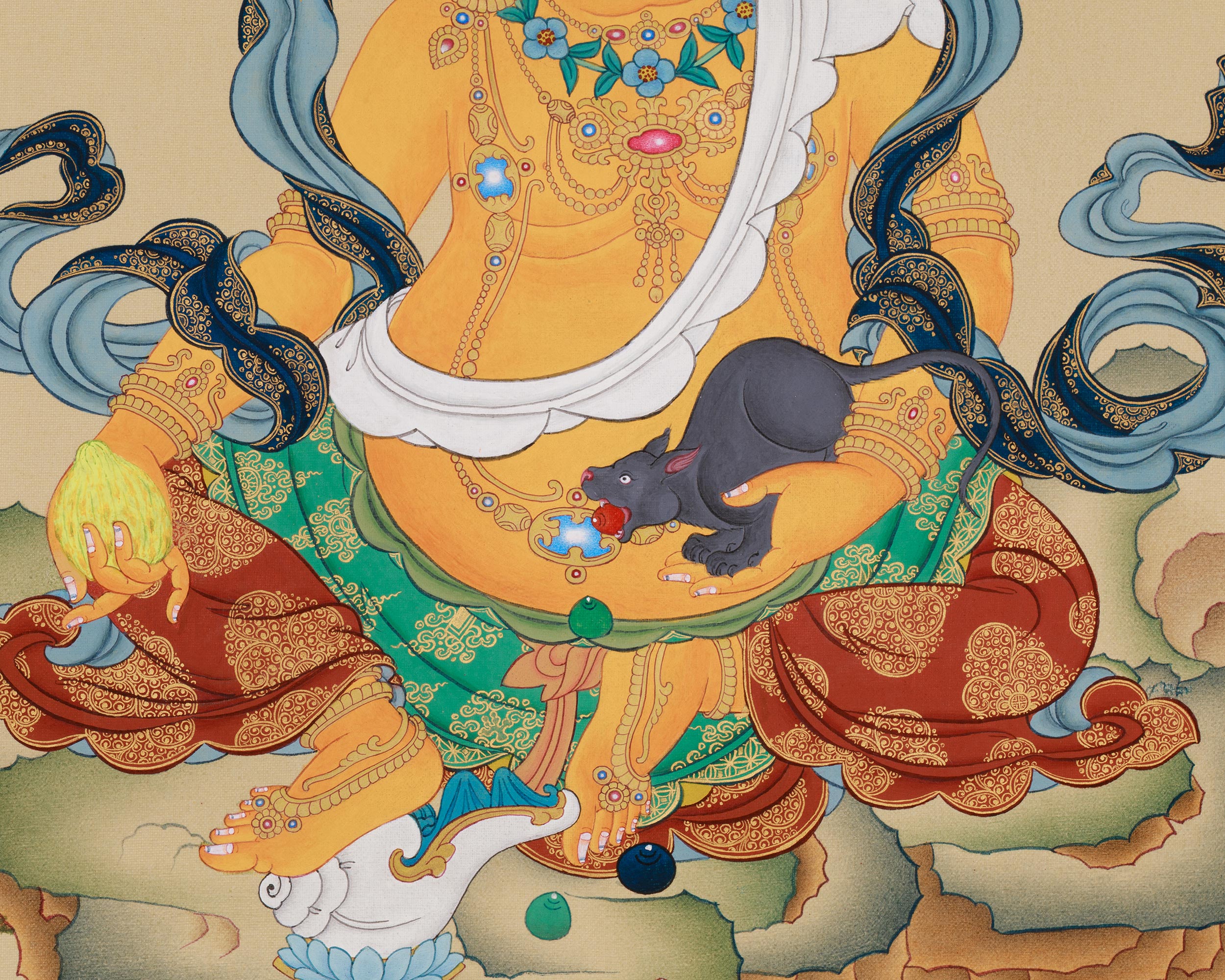 Yellow Dzambhala with Buddha Ratnasambhava Thangka | The Union of Wealth and Spiritual Enlightenment