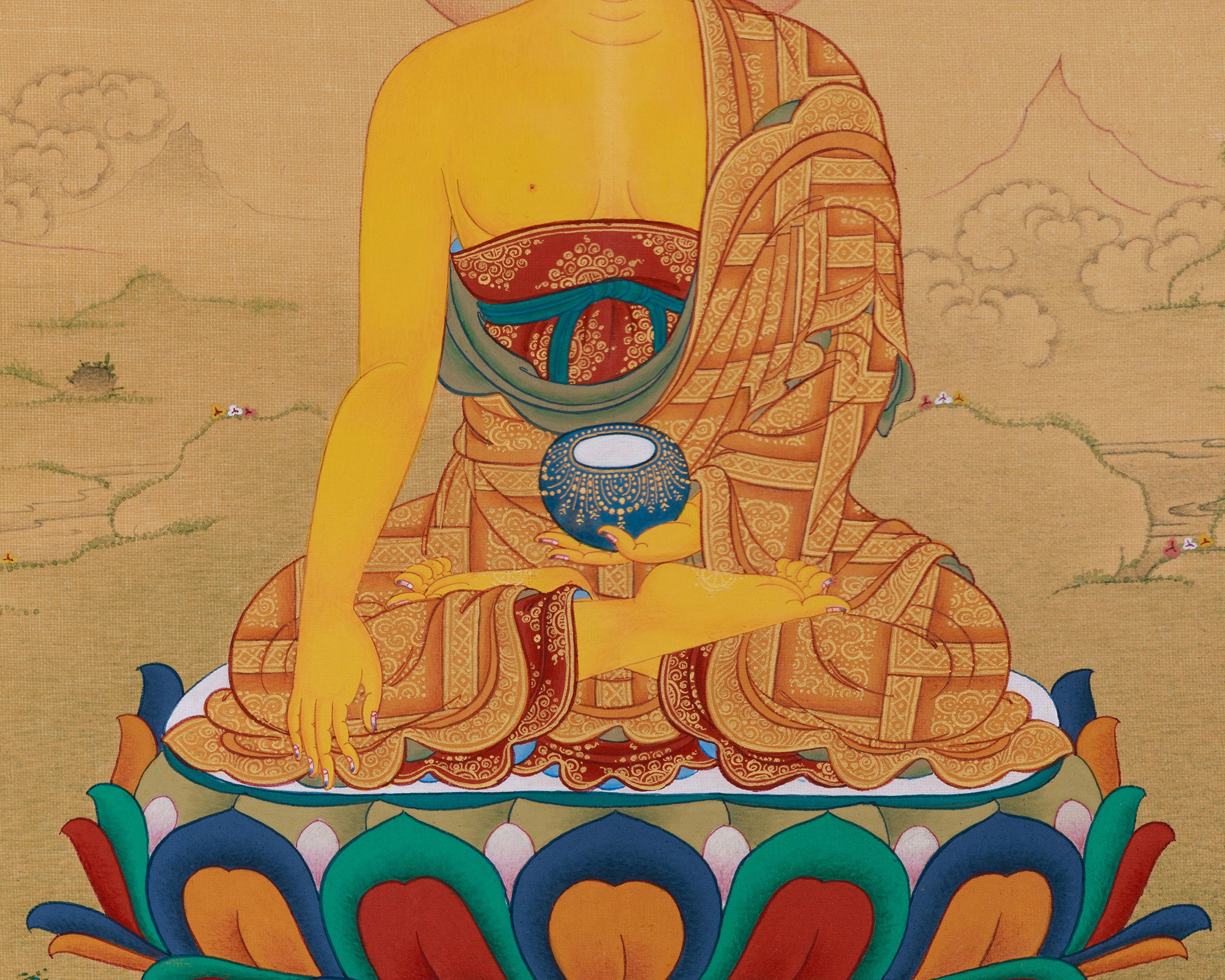 Hand-Painted Buddha In Bhumi Sparsha Mudra Thangka | Tibetan Buddha Painting