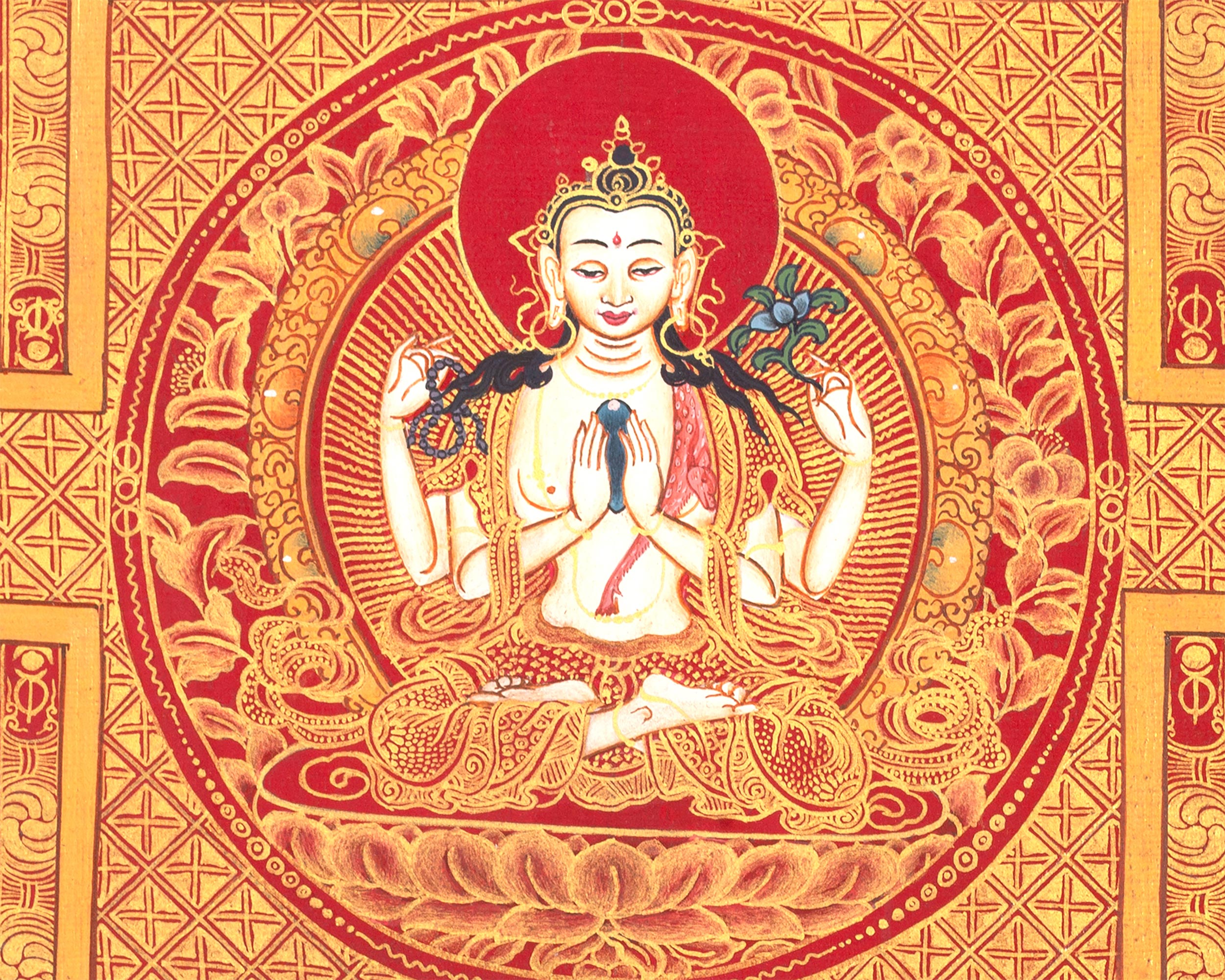 Chenresig Mandala | Buddha of Compassion | Red and Gold Thangka