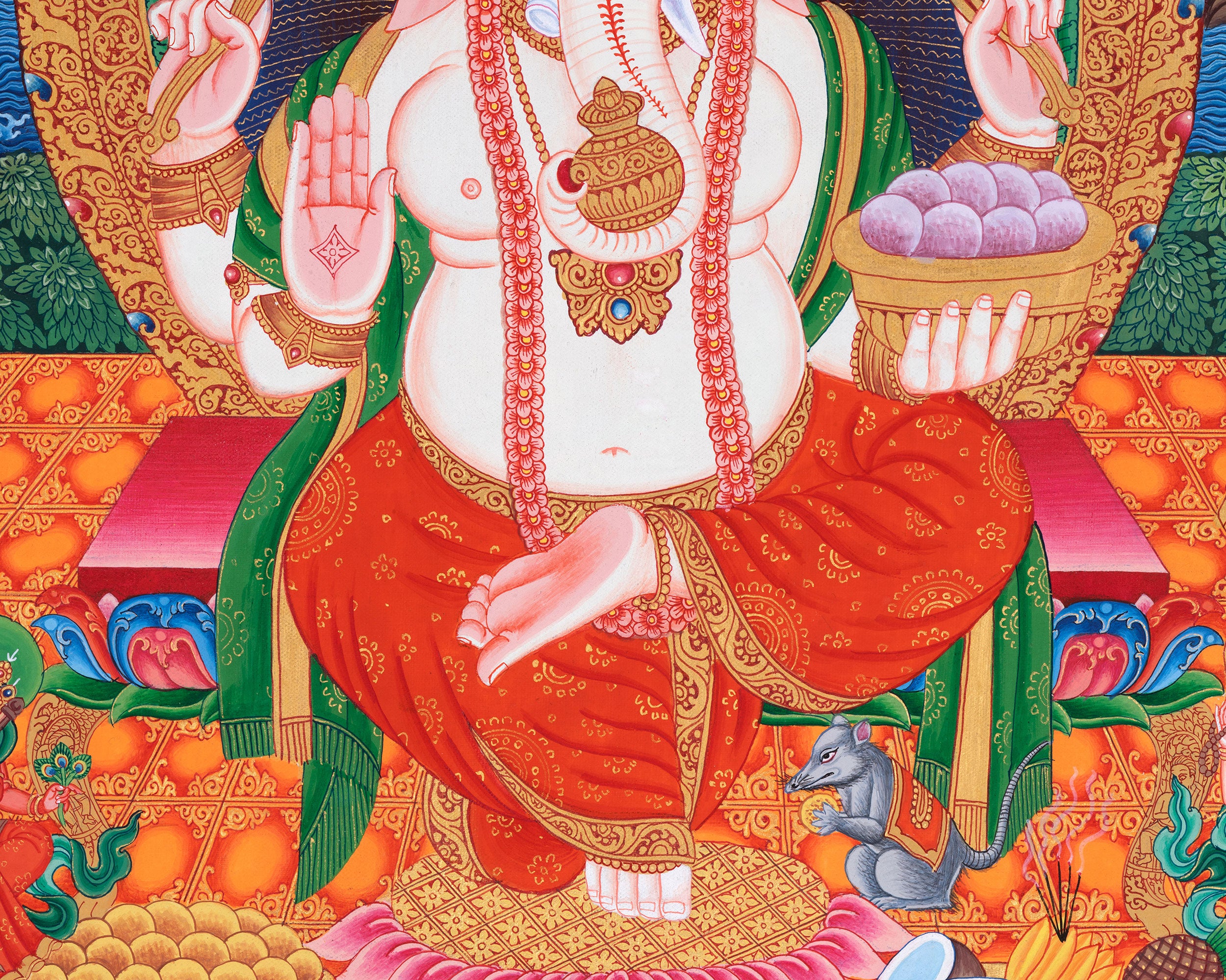 Ganesh Thangka Painting With Kartikeya and Saraswati | Ganapati Baba Canvas Art
