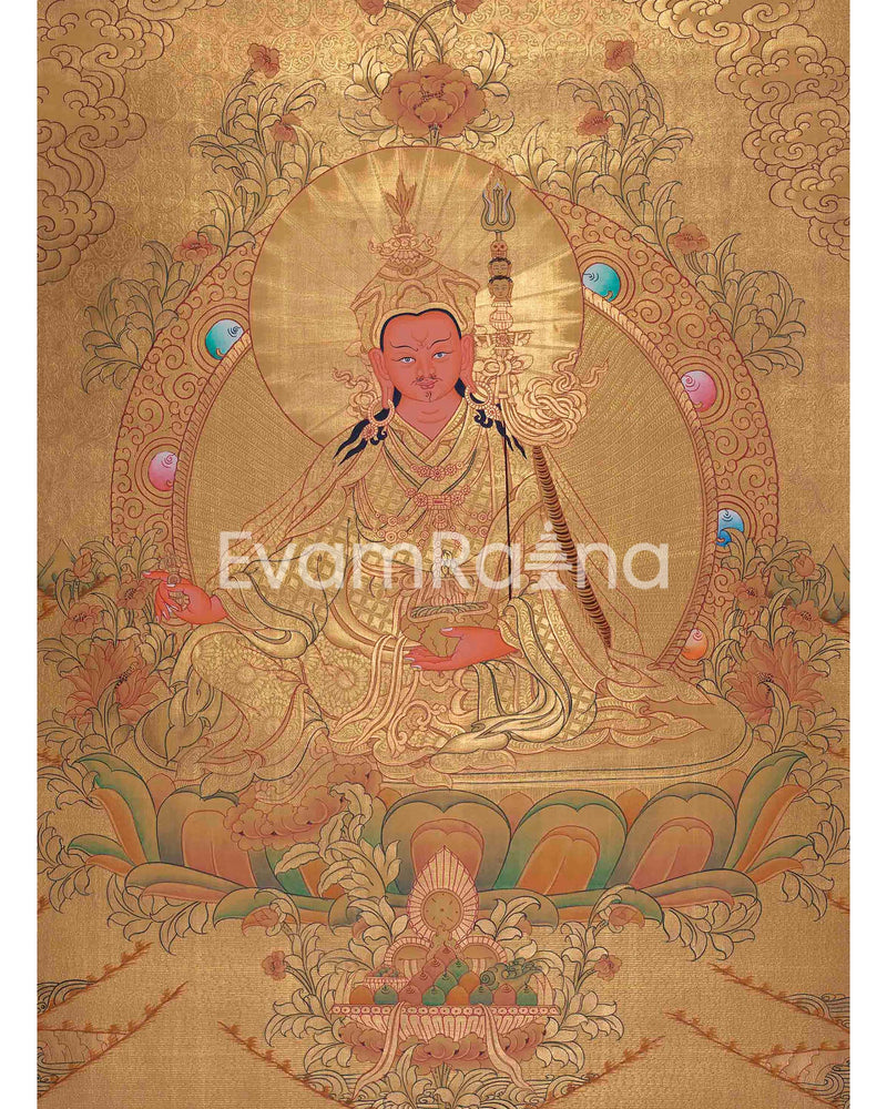 Guru Rinpoche In Full Gold Thangka Painting | Padmasambhava Thangka | Traditional Buddhist Handmade Thanka | Yoga Meditation Wall Hanging