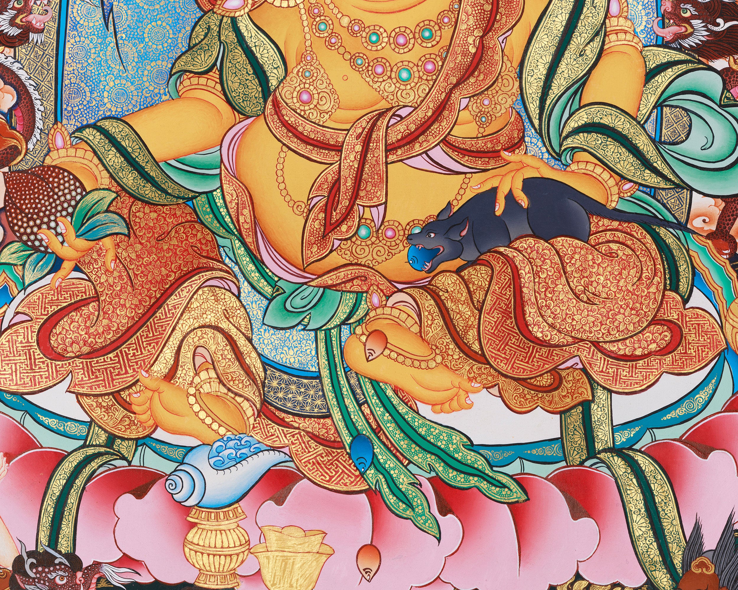 Grand Tibetan Dzambhala Thangka | Hand-Painted Tibetan Wealth Deity Art