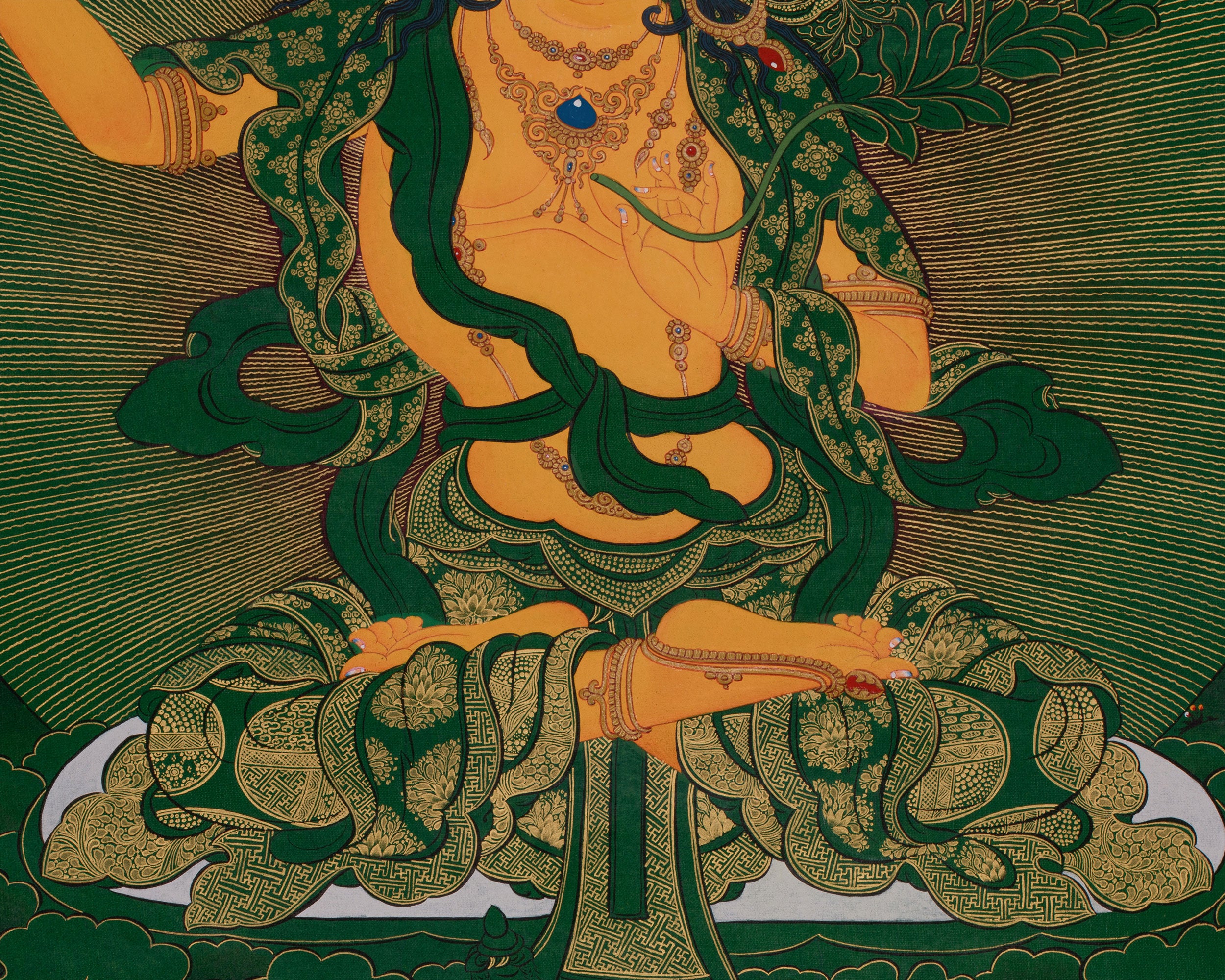 Tibetan Manjushri on Green Canvas | Wisdom Deity with Shakyamuni, Medicine Buddha, and Namtoshe