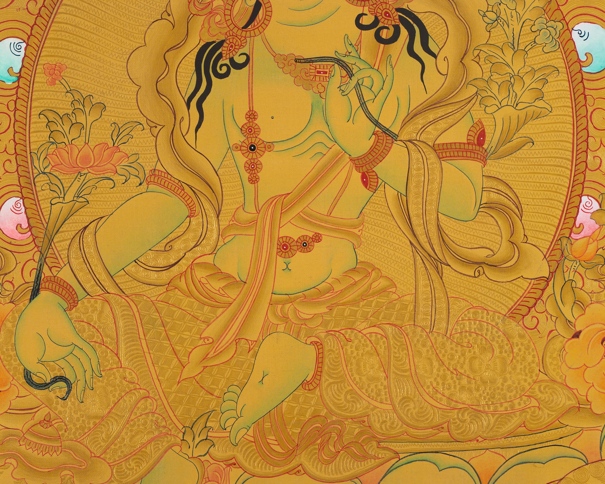 Full 24K Gold Green Tara Thangka Wall Decoration Art | Shyamatara Deity
