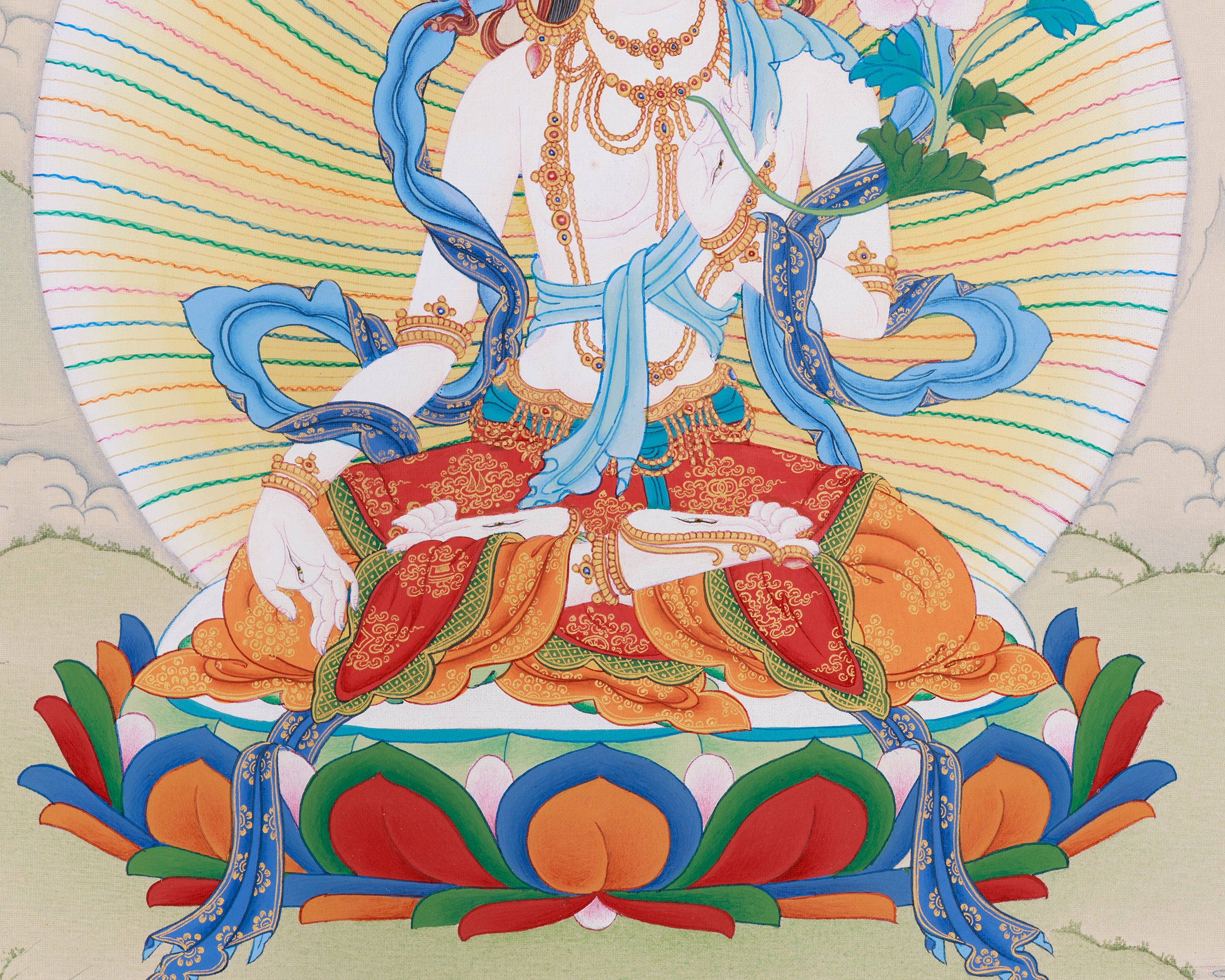 Thangka of Long-Life Deities: White Tara, Amitayus Buddha, and Namgyalma | Symbols of Protection