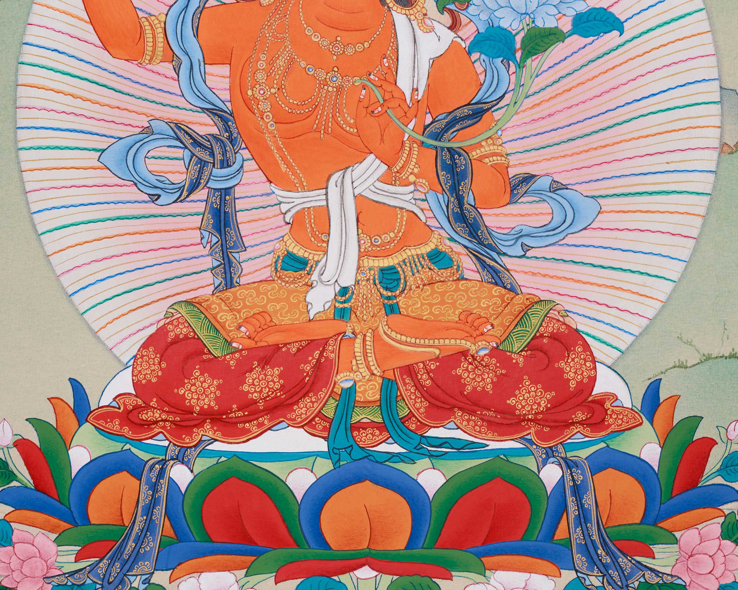 Trio Bodhisattva Thangka: Manjushri, Chenrezig, and Vajrapani | Tibetan Buddhism