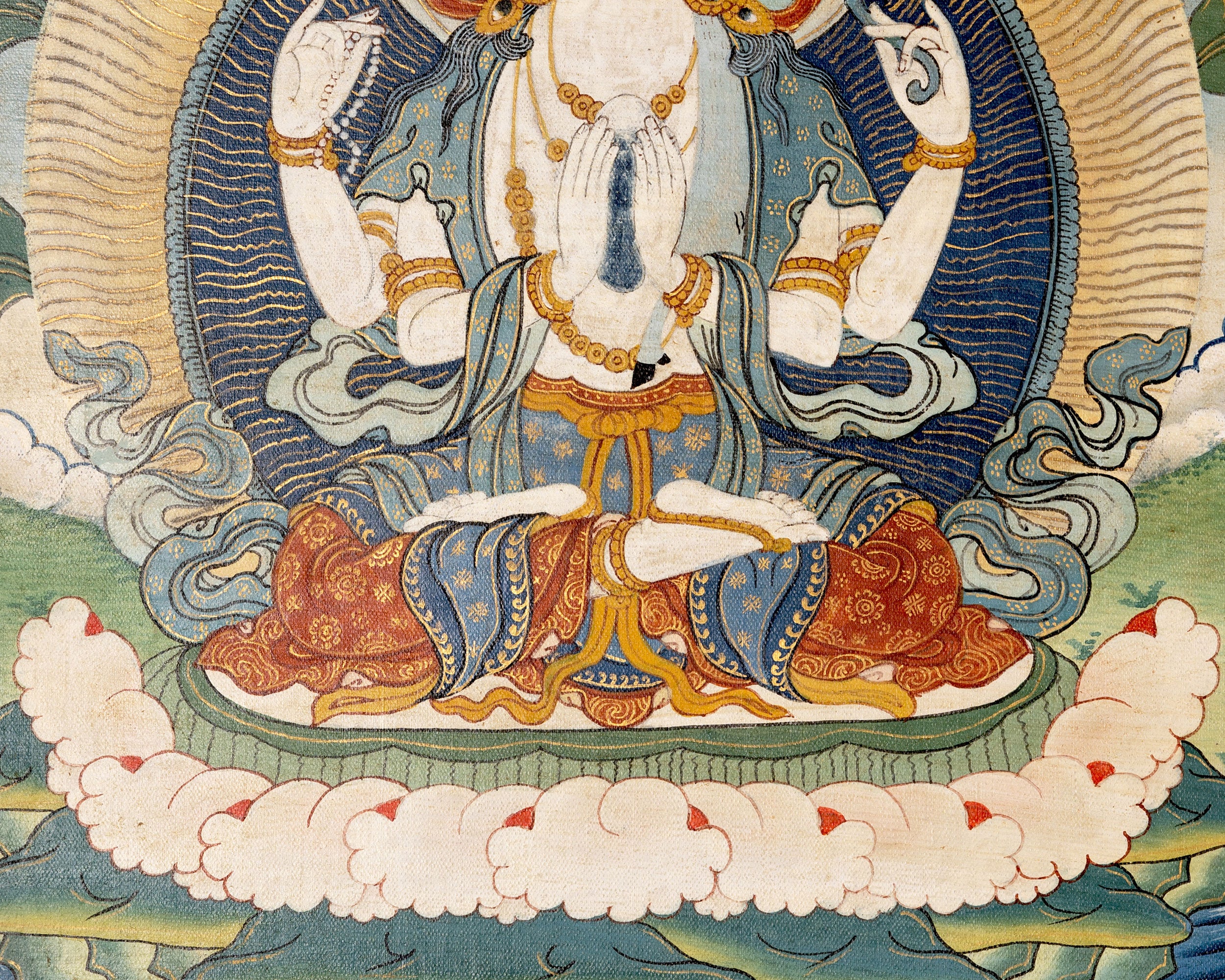 Vintage Four-Armed Chenrezig Thangka | Tibetan Bodhisattva of Compassion