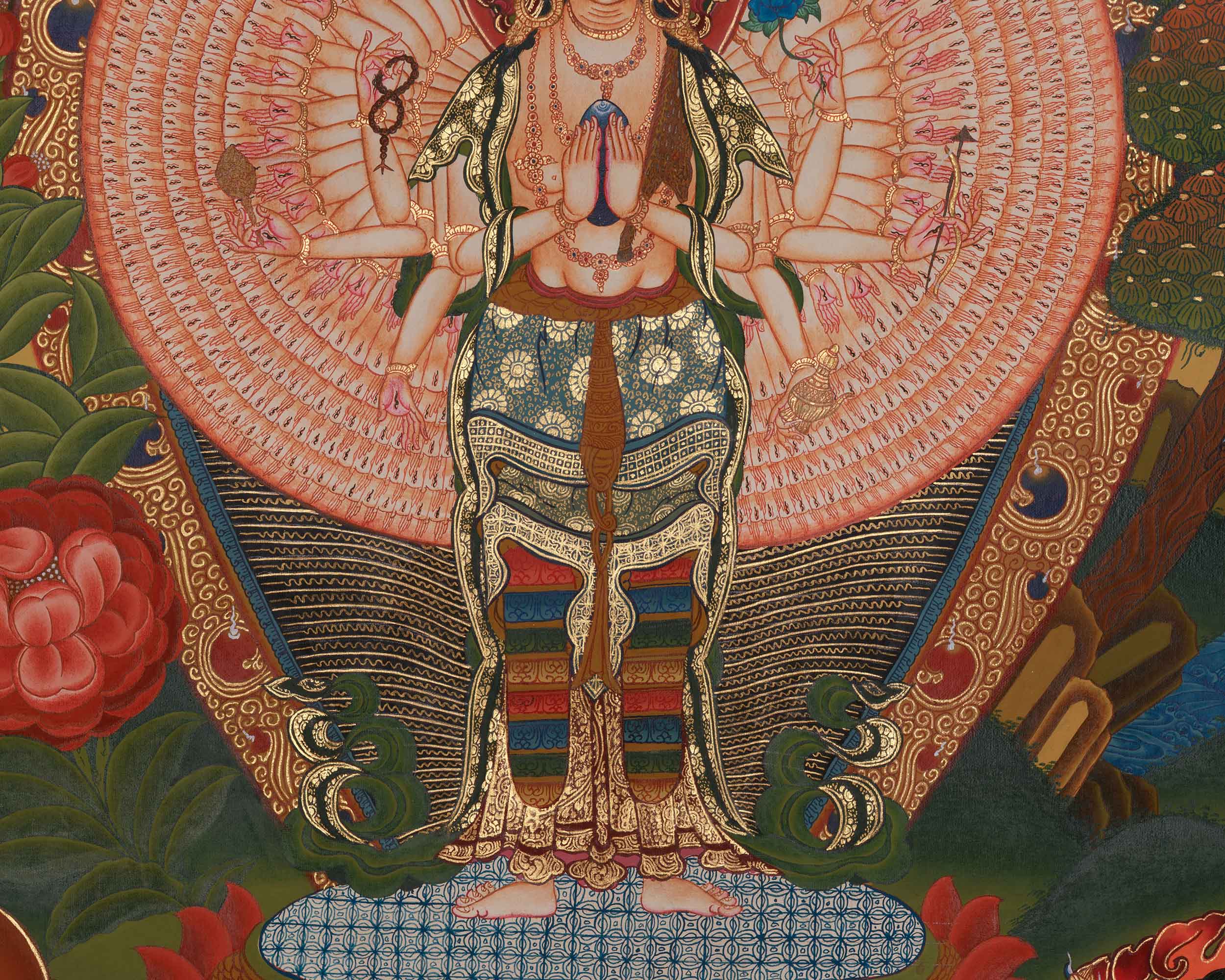1000 Armed Chenrezig with Five Dhyani Buddha Thangka | Manjushri And Vajrapani Art