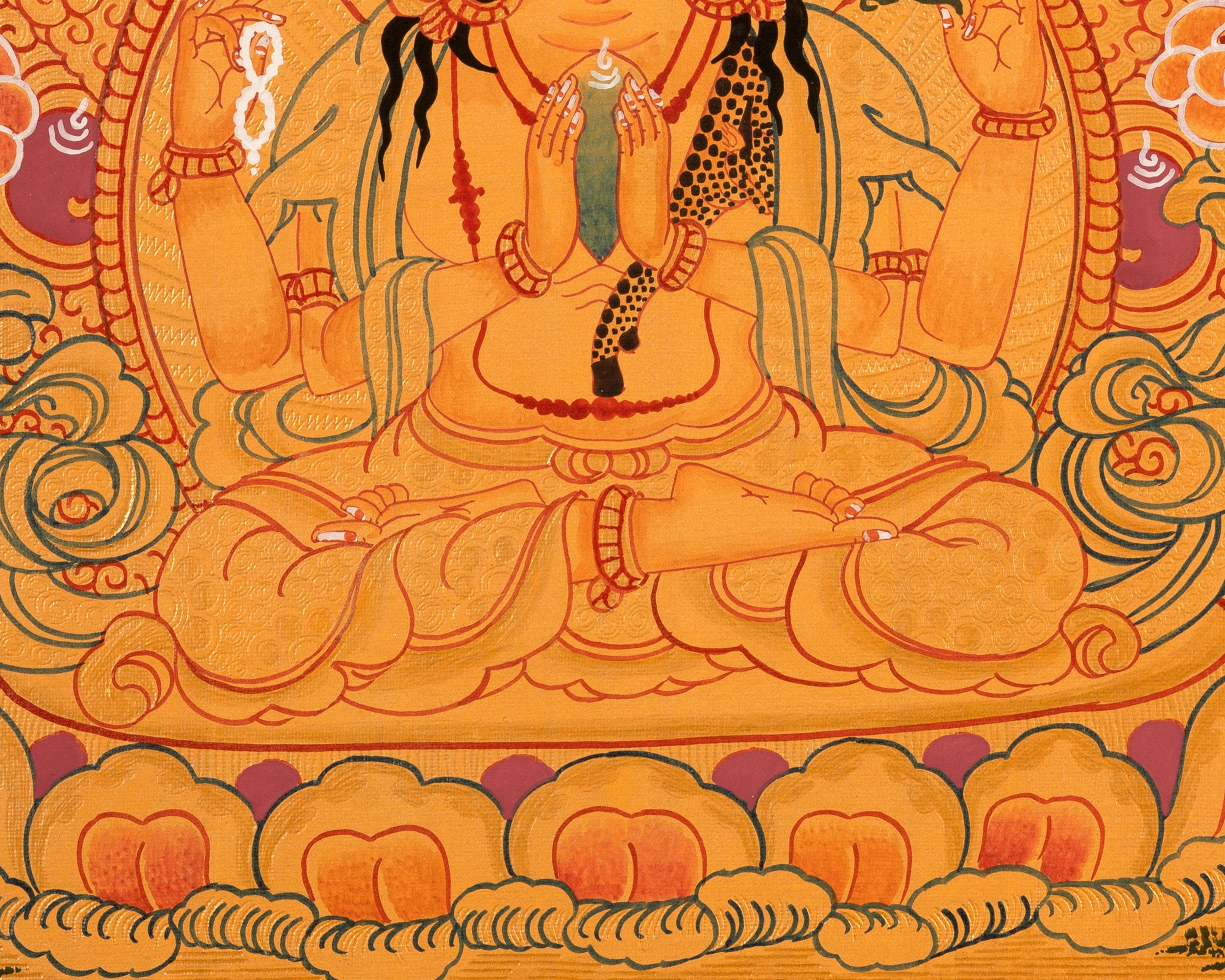 Sacred Thangka of Four-Armed Chenrezig | Tibetan Bodhisattva of Compassion