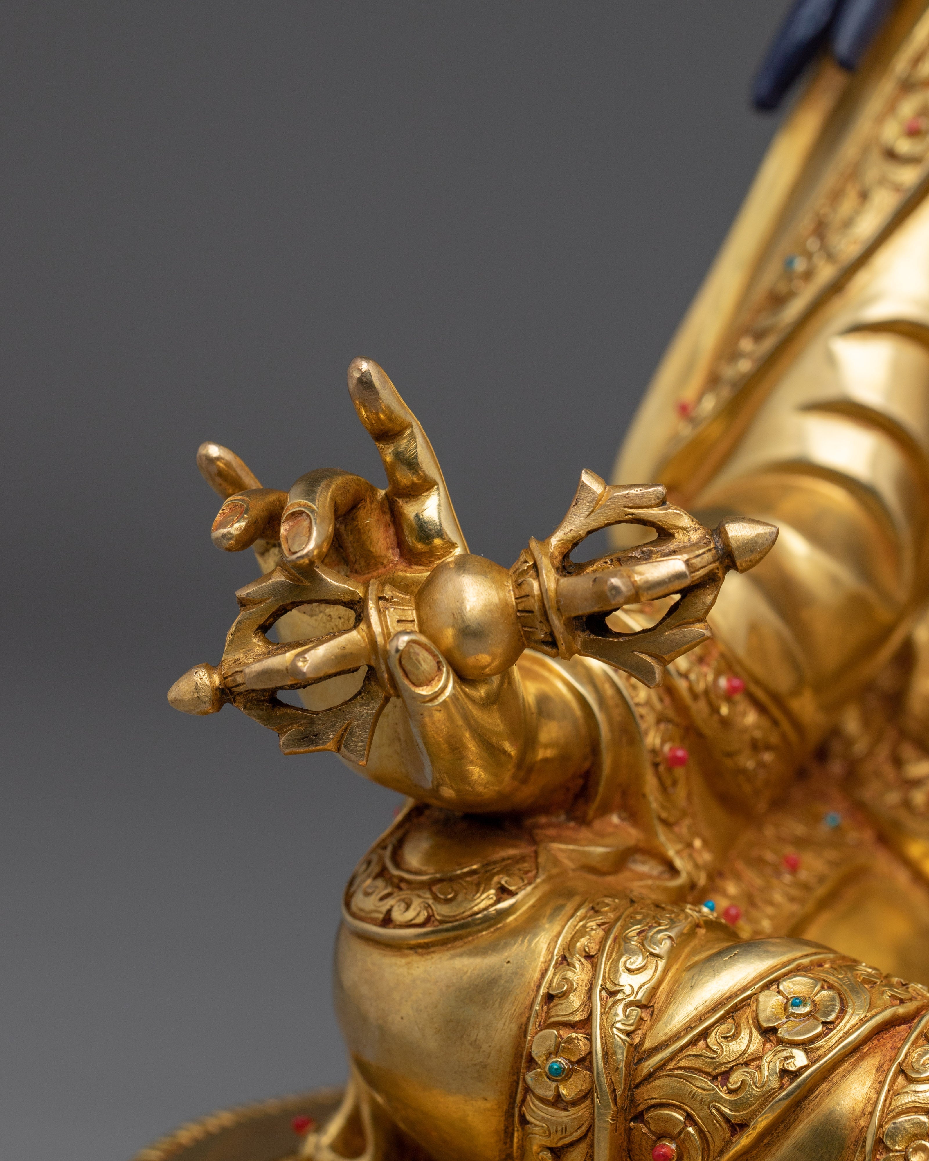 Golden Guru Rinpoche Statue Crafted with Copper | Tibetan Master Sculpture