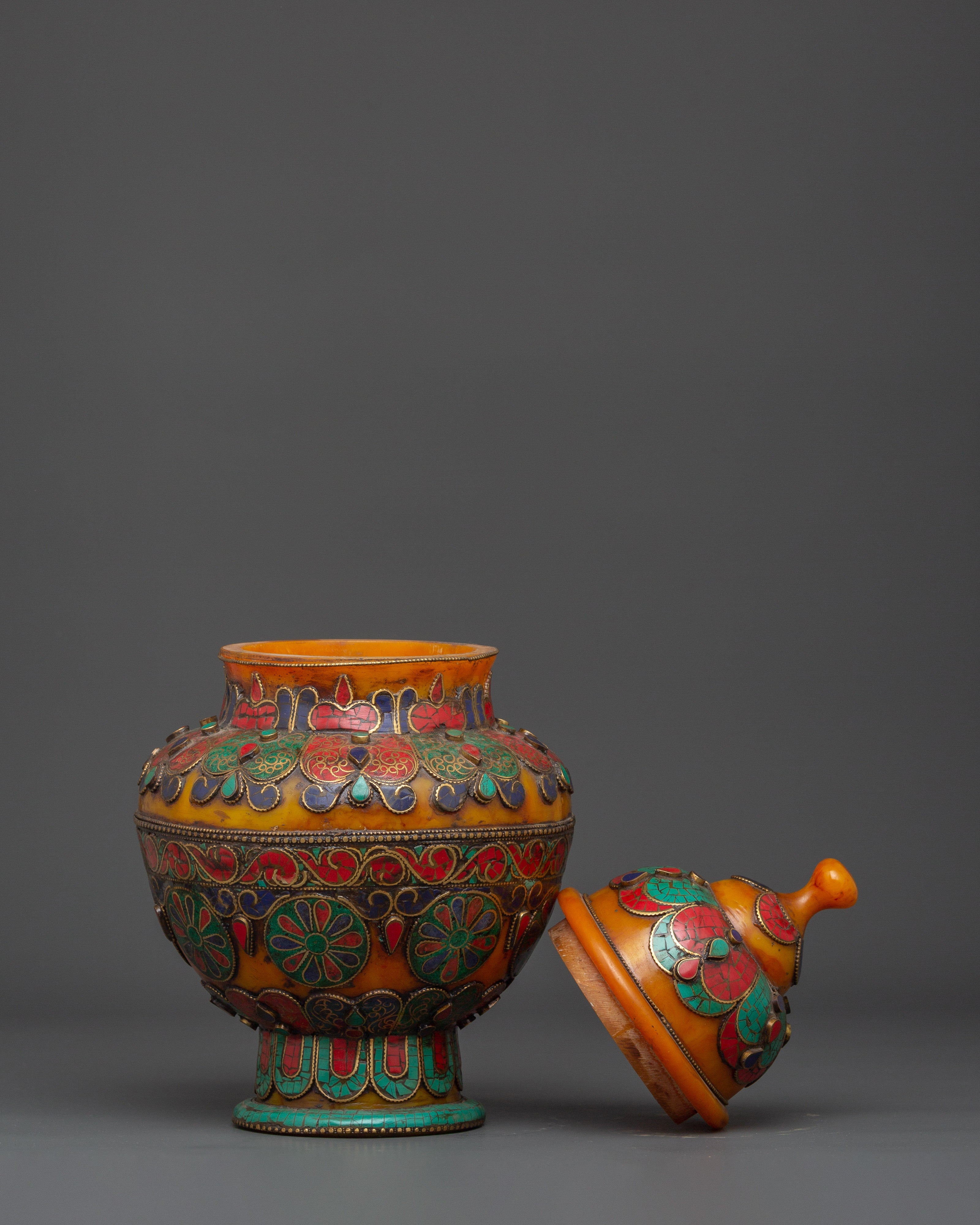 Traditional Himalayan Rice Pot | Handcrafted Brass & Amber Vessel with Turquoise Stone