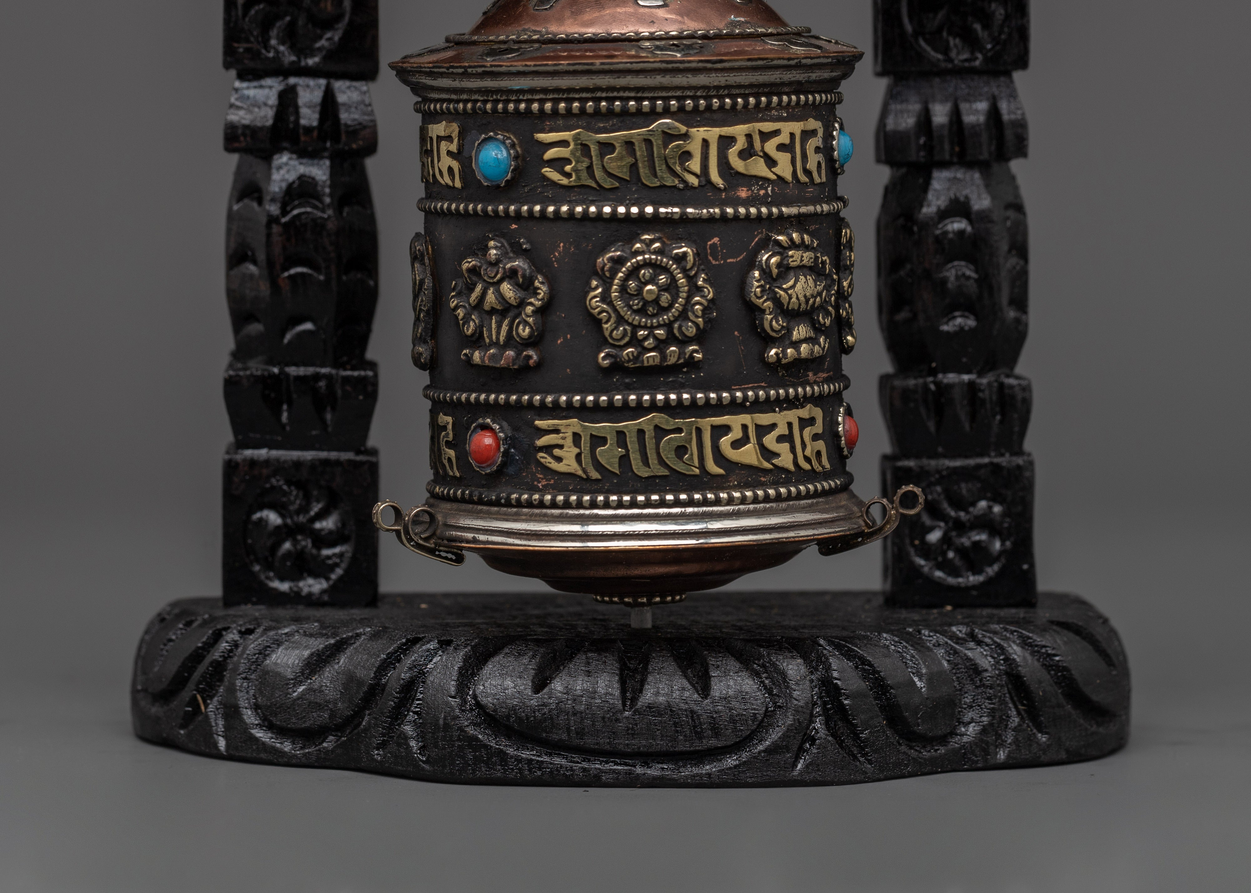 Prayer Wheel with Tibetan Auspicious Symbols | Tibetan Altar Decor for Mindfulness