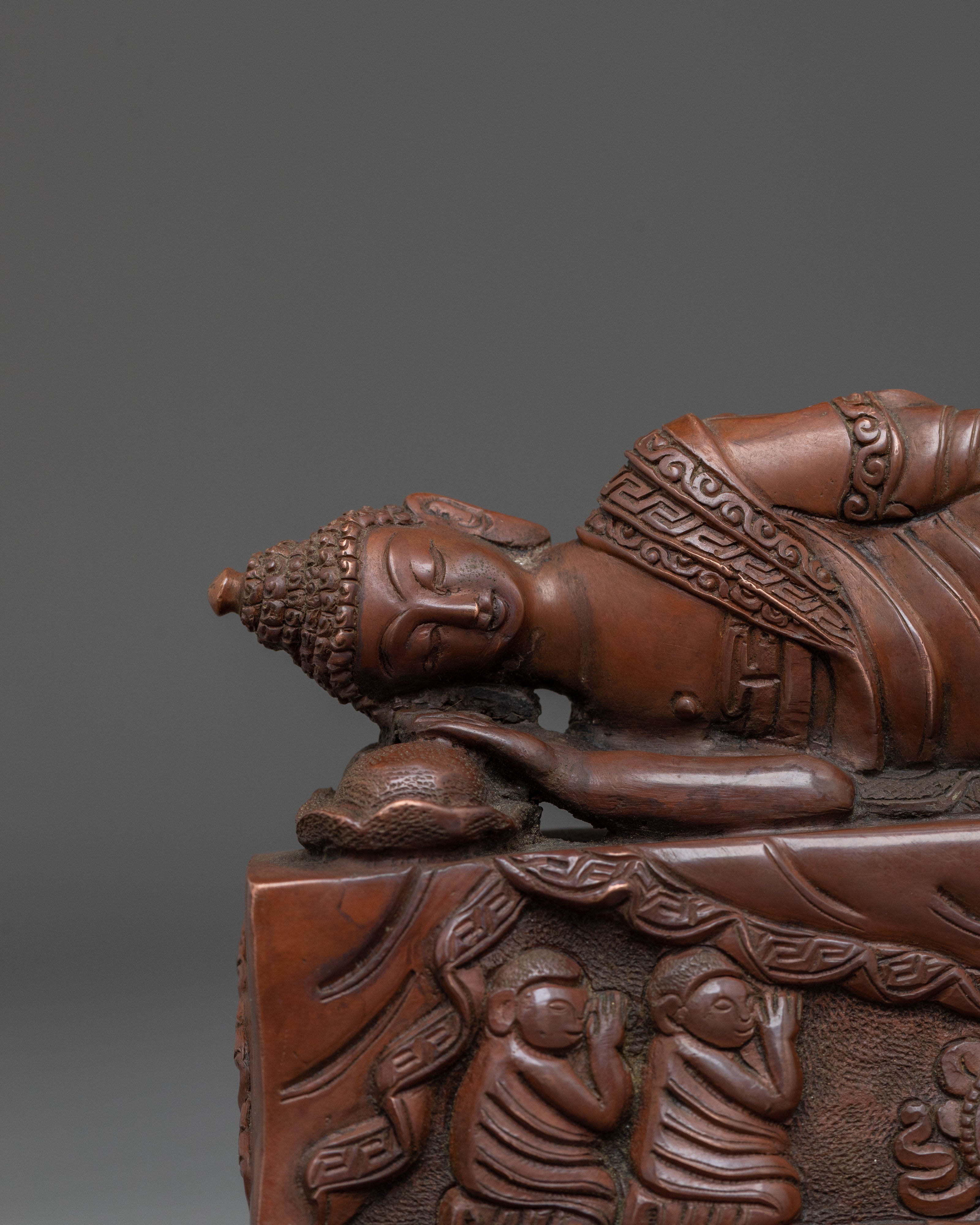 Sleeping Buddha Oxidized Copper Statue | Reclining Buddha Art