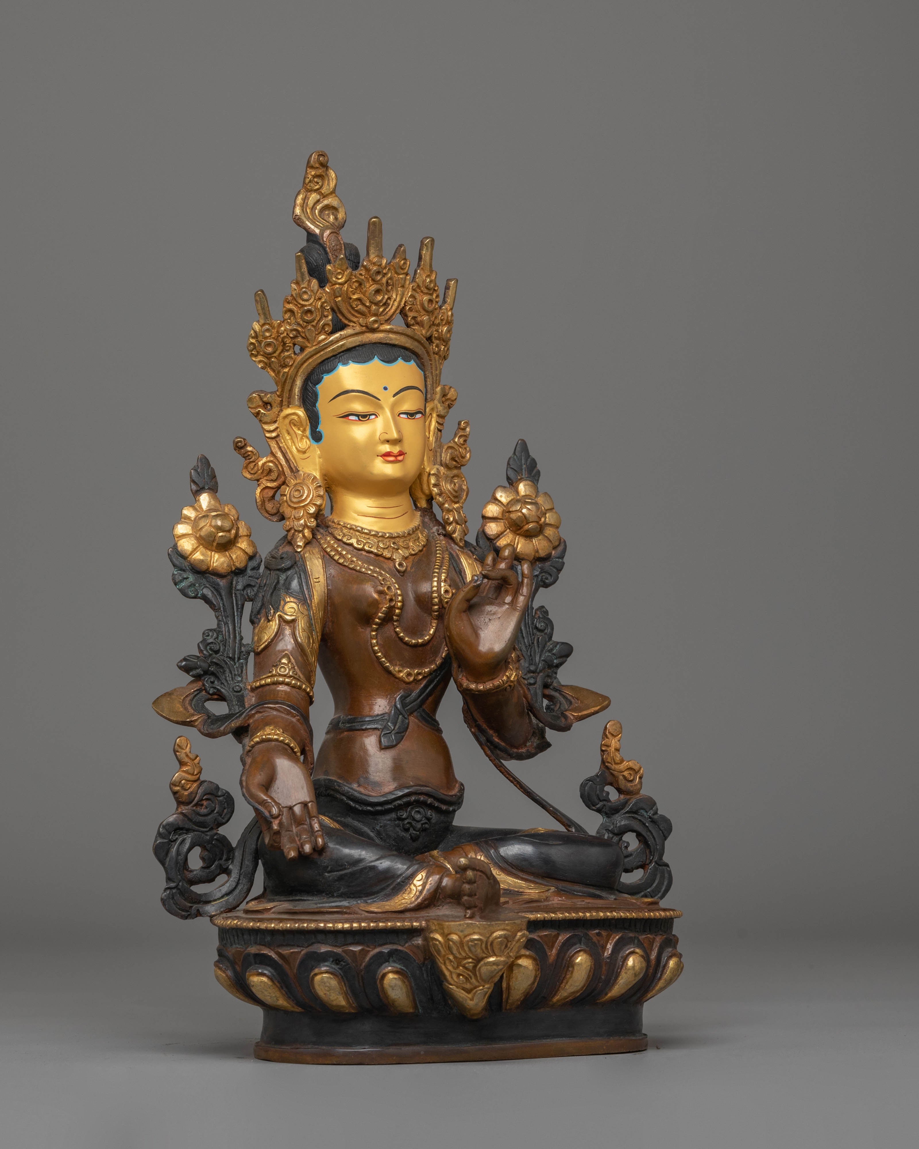 Green Tara Copper Handmade Statue | 24K Gold Plated Tibetan Goddess Art