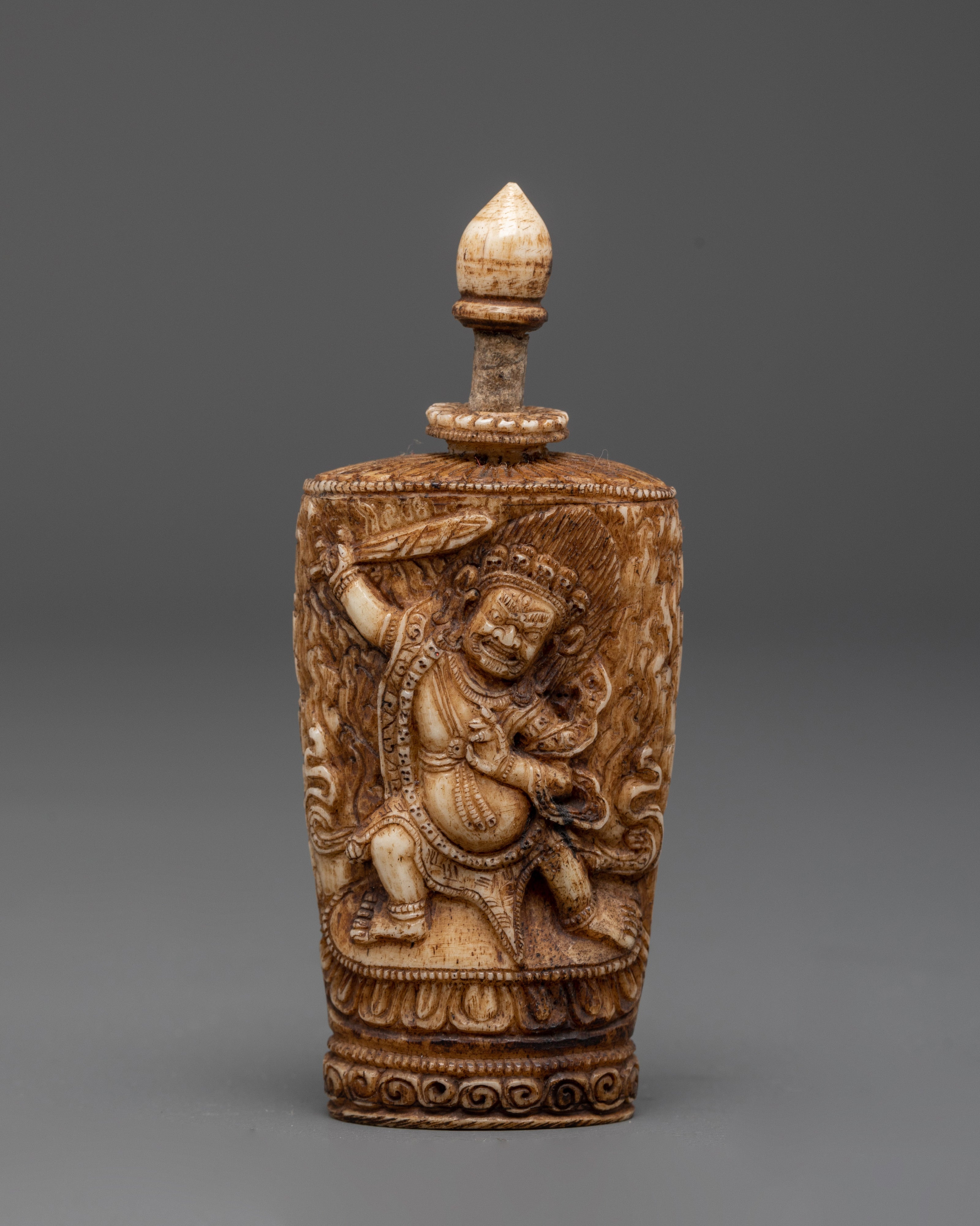 Hand-Carved Tibetan Guardian Deity Snuff Pot | Tibetan Buddhist Ritual Object