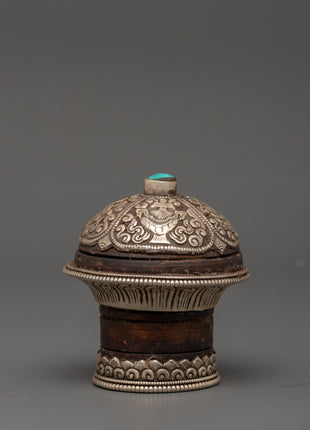 Brocade Thangka Stick Cap | Handcrafted Wooden Body with Silver and Turquoise