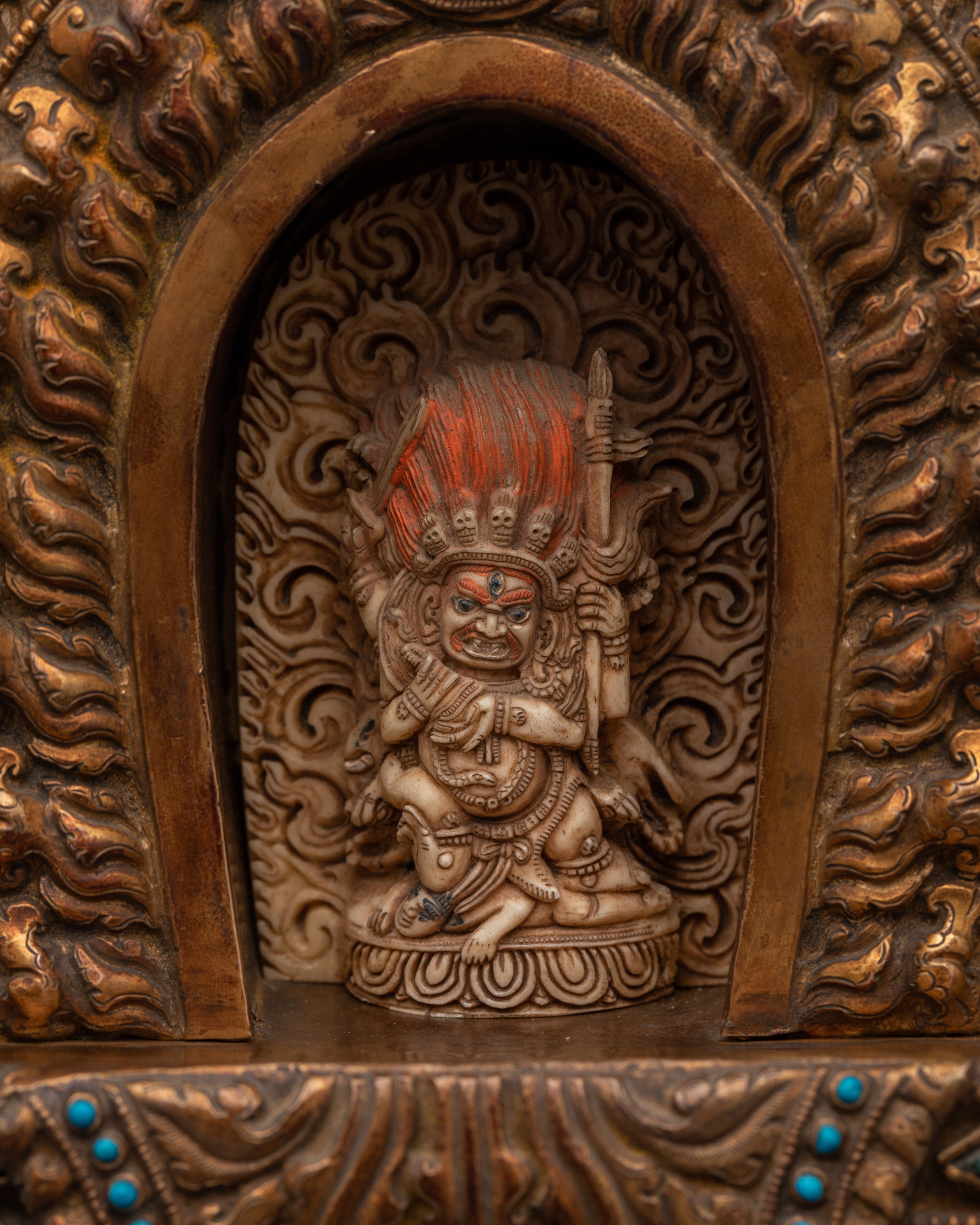 Handcrafted Copper Ghau Box with Four Armed Mahakala | For Spiritual Protection