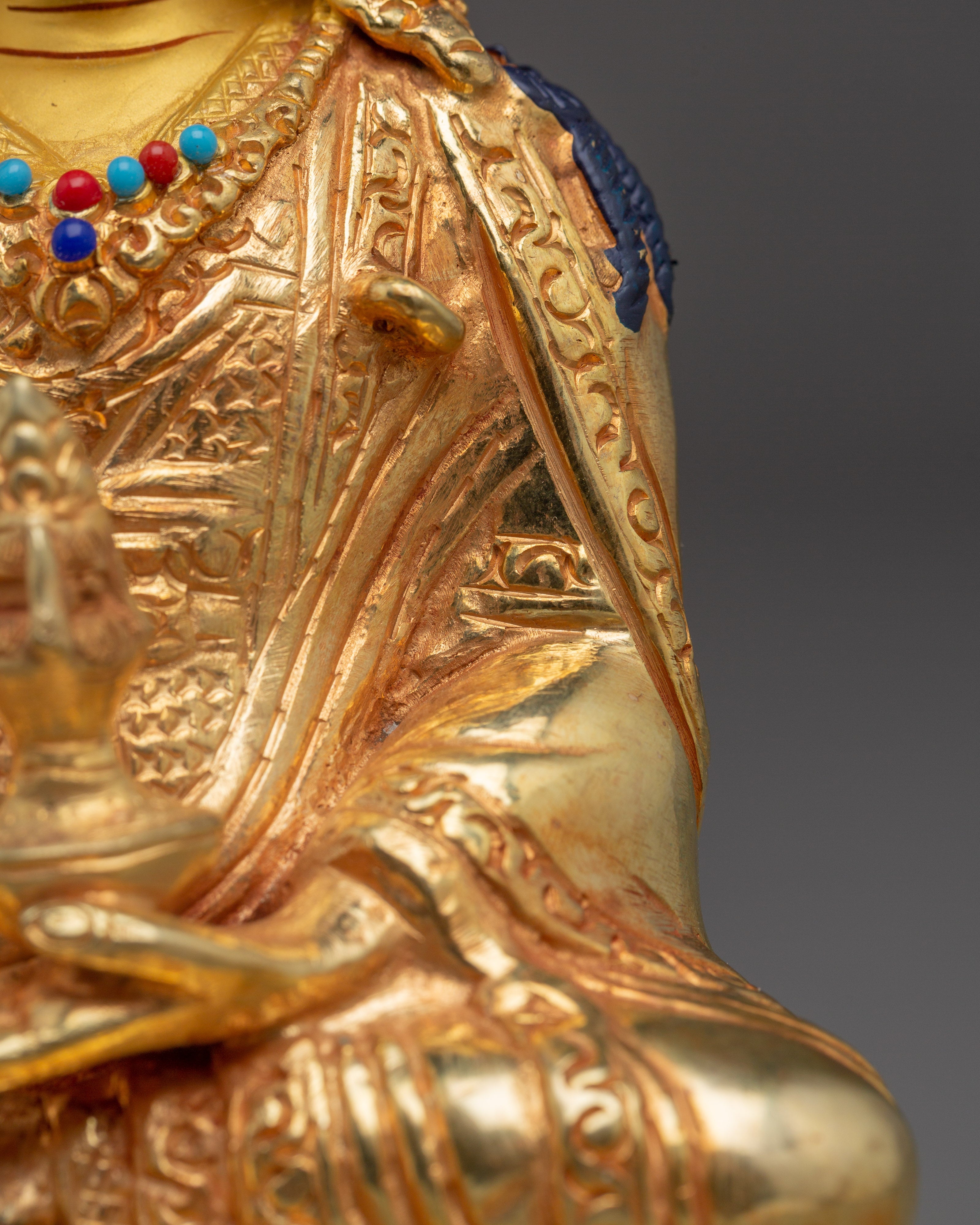 Sacred Padmasambhava Statue | Gold Plated Copper Buddha Sculpture with Coral & Turquoise