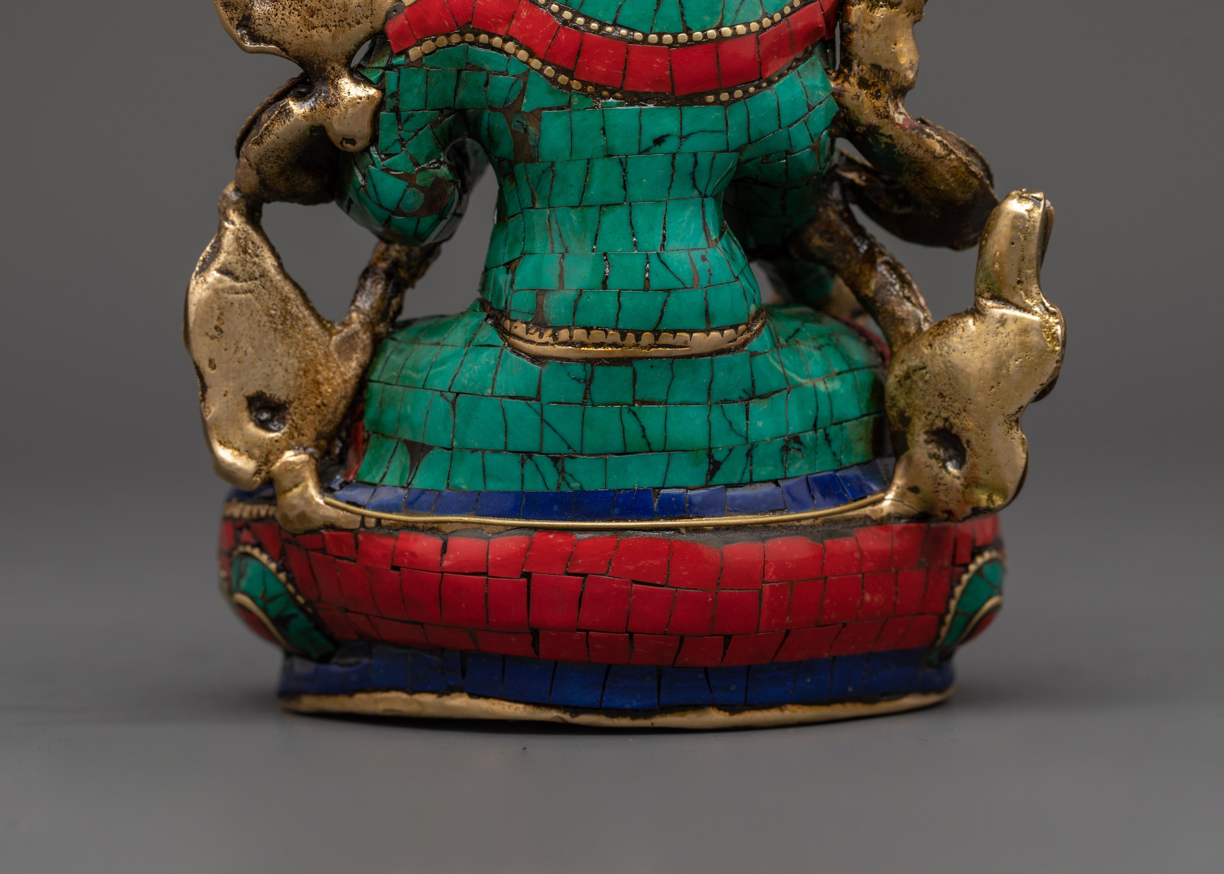 White Tara Handcrafted Brass Statue | Tibetan Art with Turquoise