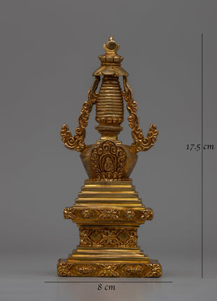 Religious Décor Gold-Plated Stupa | Sacred Altar Piece with Floral Patterns