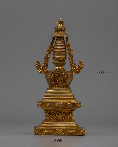 Religious Décor Gold-Plated Stupa | Sacred Altar Piece with Floral Patterns
