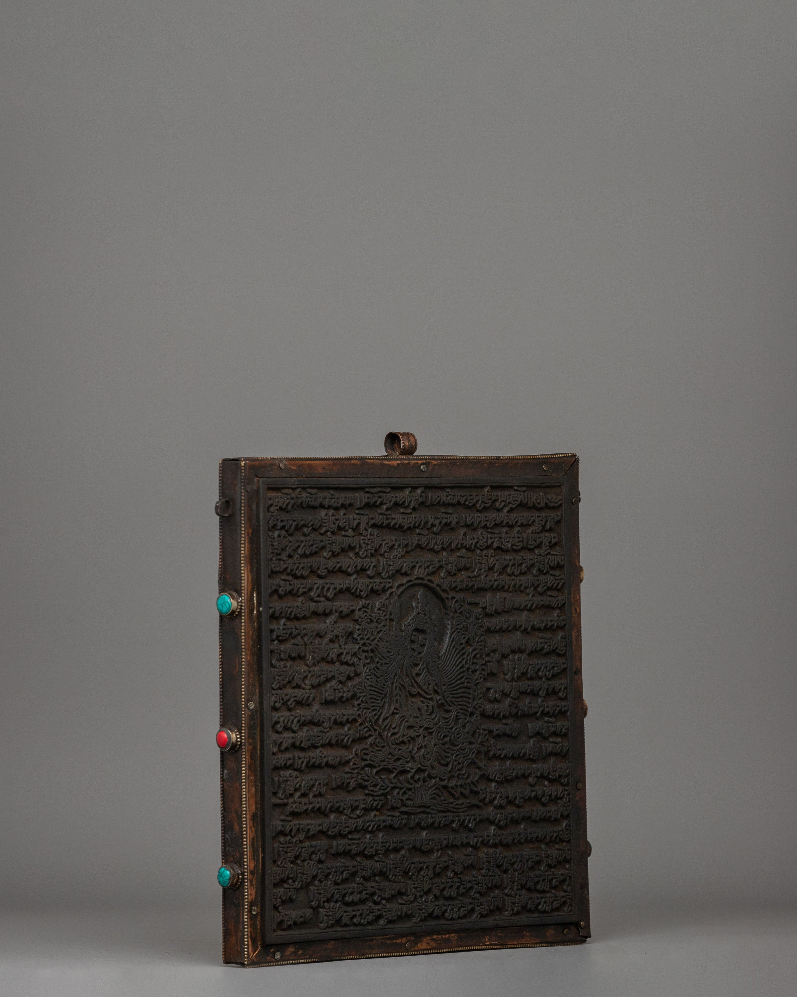 Hand-Carved Flag Stamp of Guru Rinpoche in Copper and Wood | Meditation and Rituals