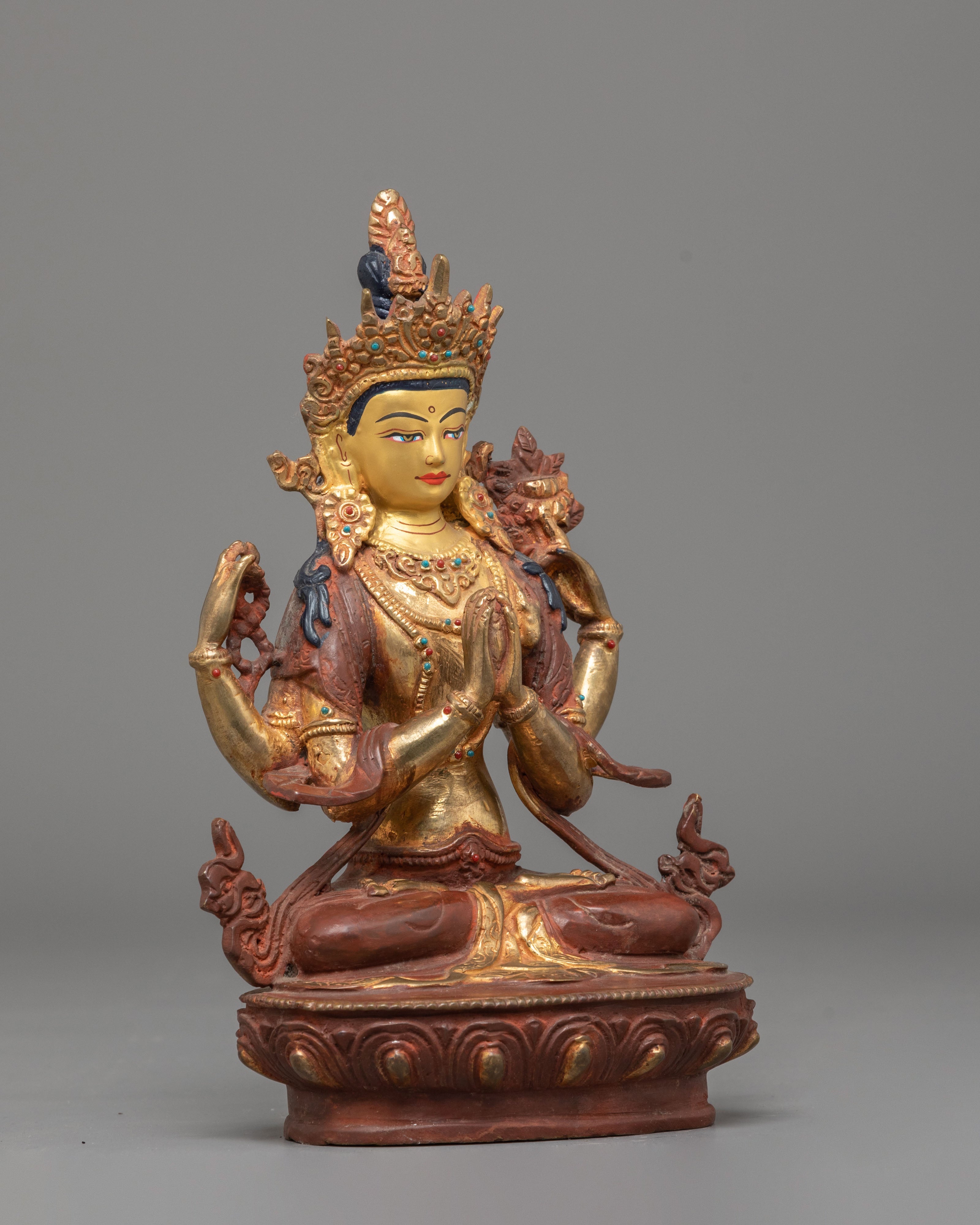 Gold Plated Statue of Bodhisattva Chenrezig | Deity of Compassion