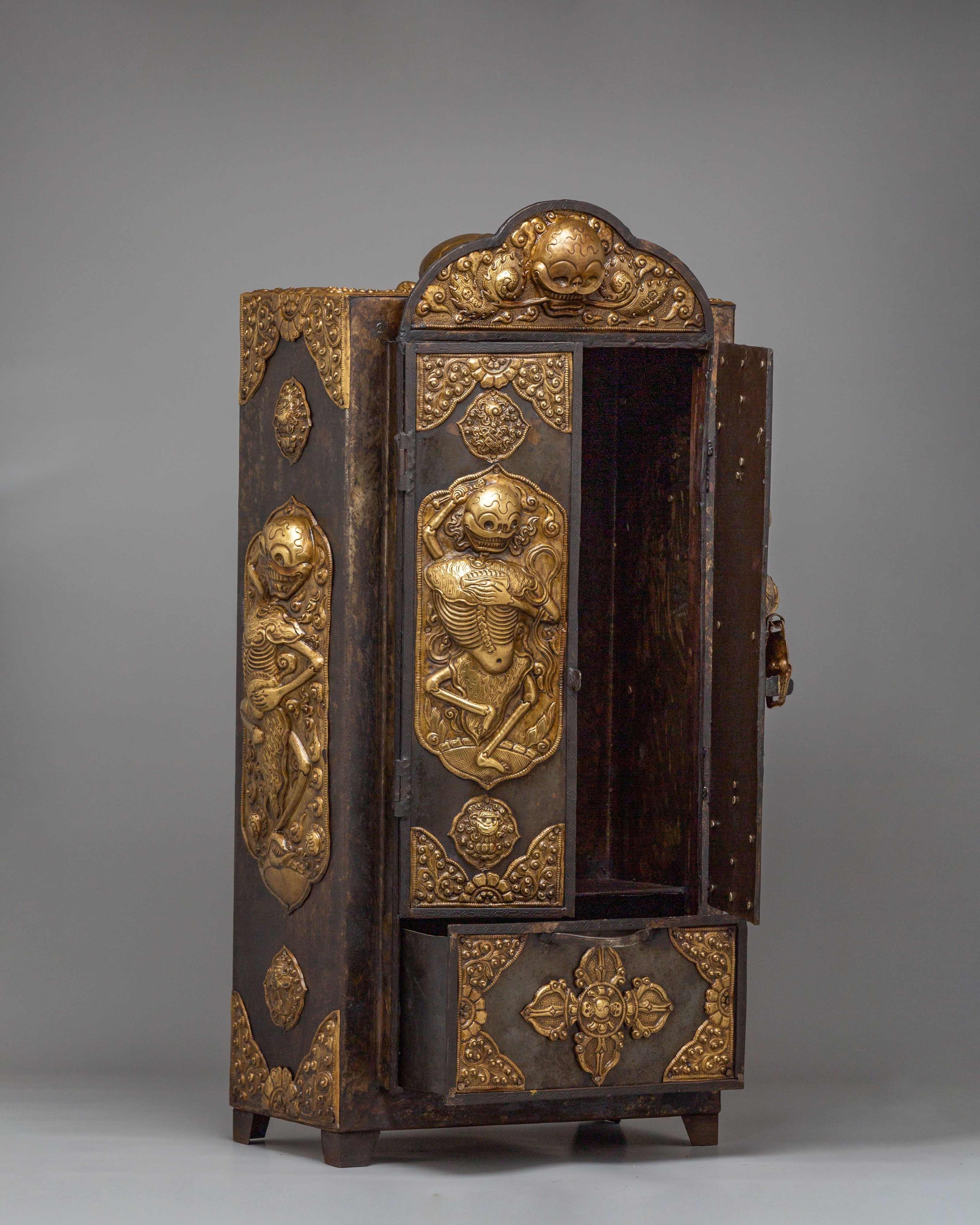 Buddhist Chitipati Altar Box | Brass and Iron Tibetan Ritual Cabinet