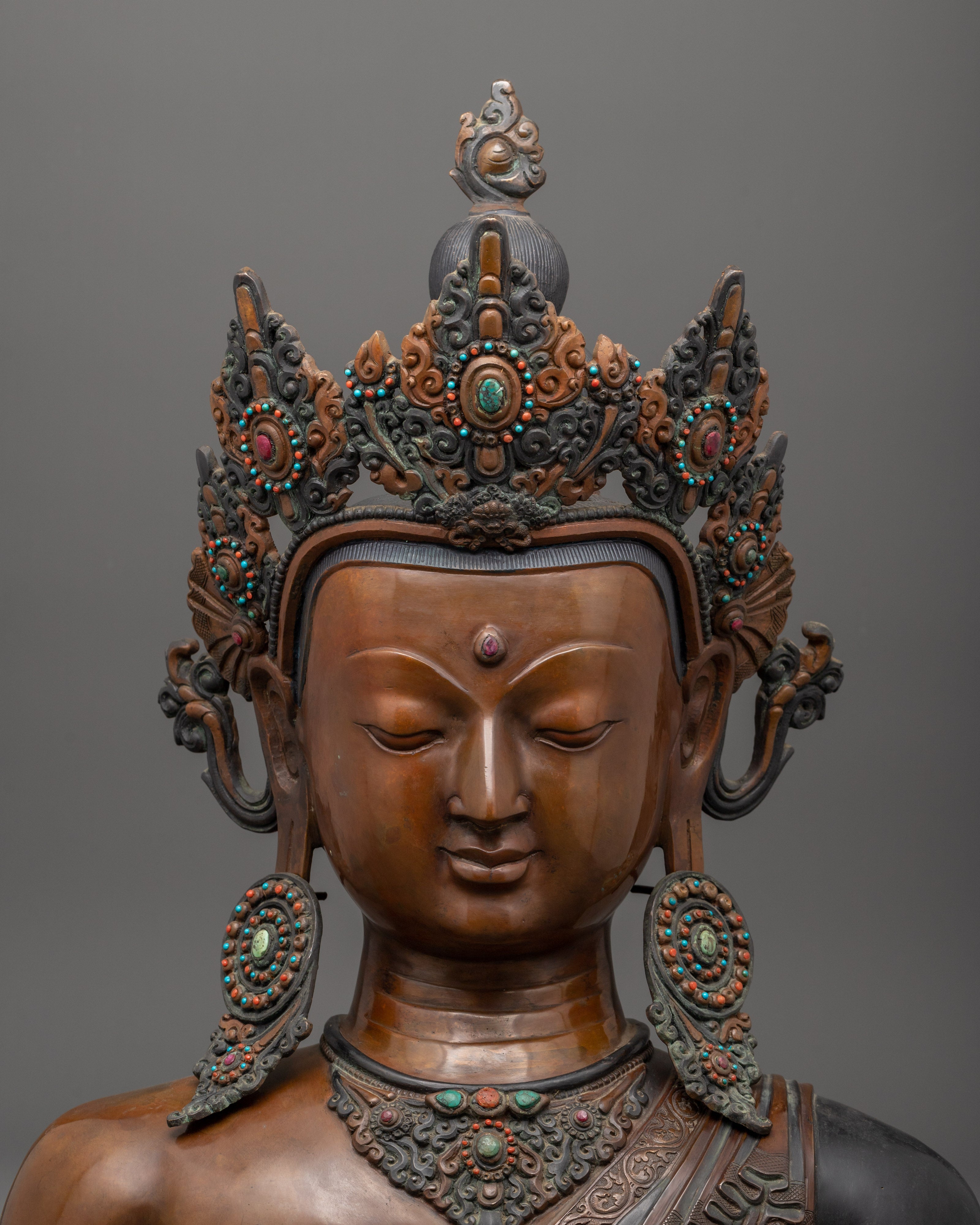 Crowned Buddha Head Sculpture | Oxidized Copper Bust with Coral Inlay
