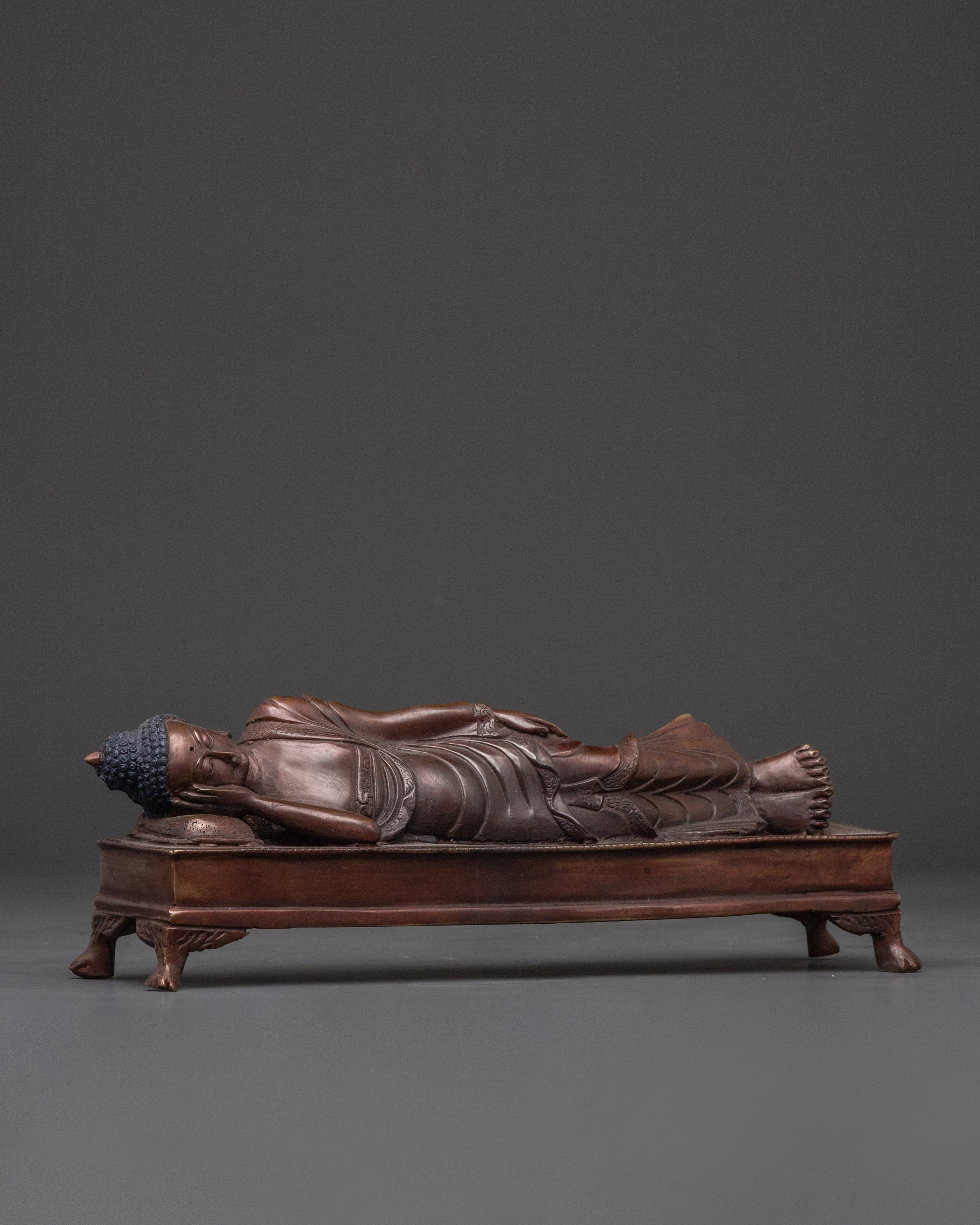 Historical Sleeping Buddha Statue | Handcrafted Oxidized Copper Reclining Buddha Figurine