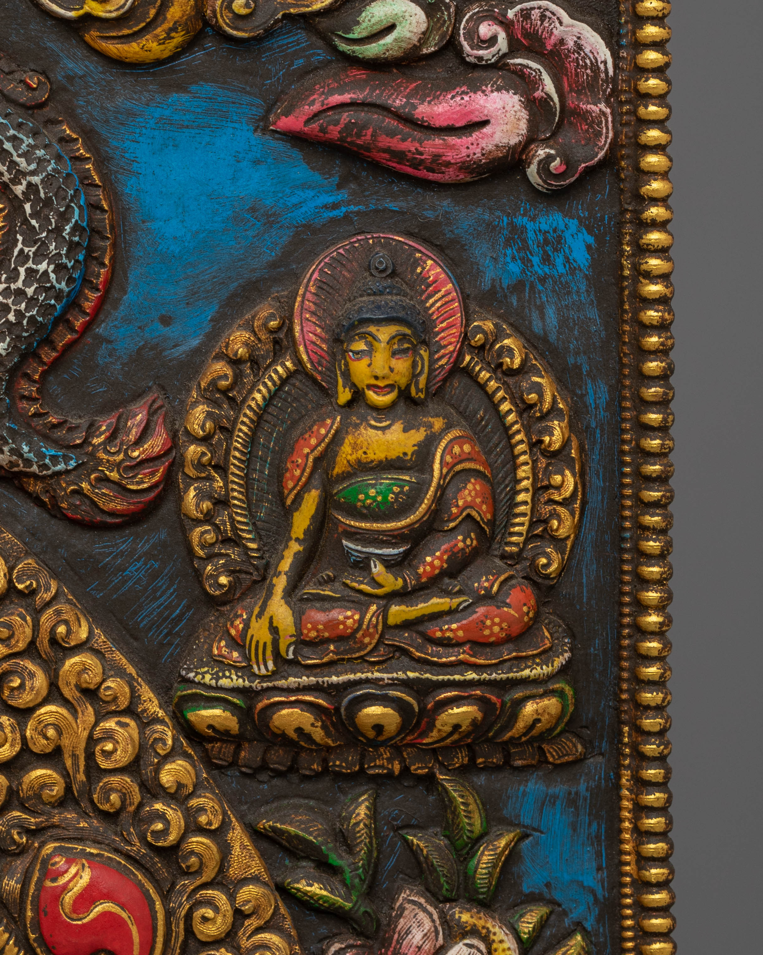 Sacred Yellow Dzambhala Wall Hanging | Tibetan Copper Art for Prosperity