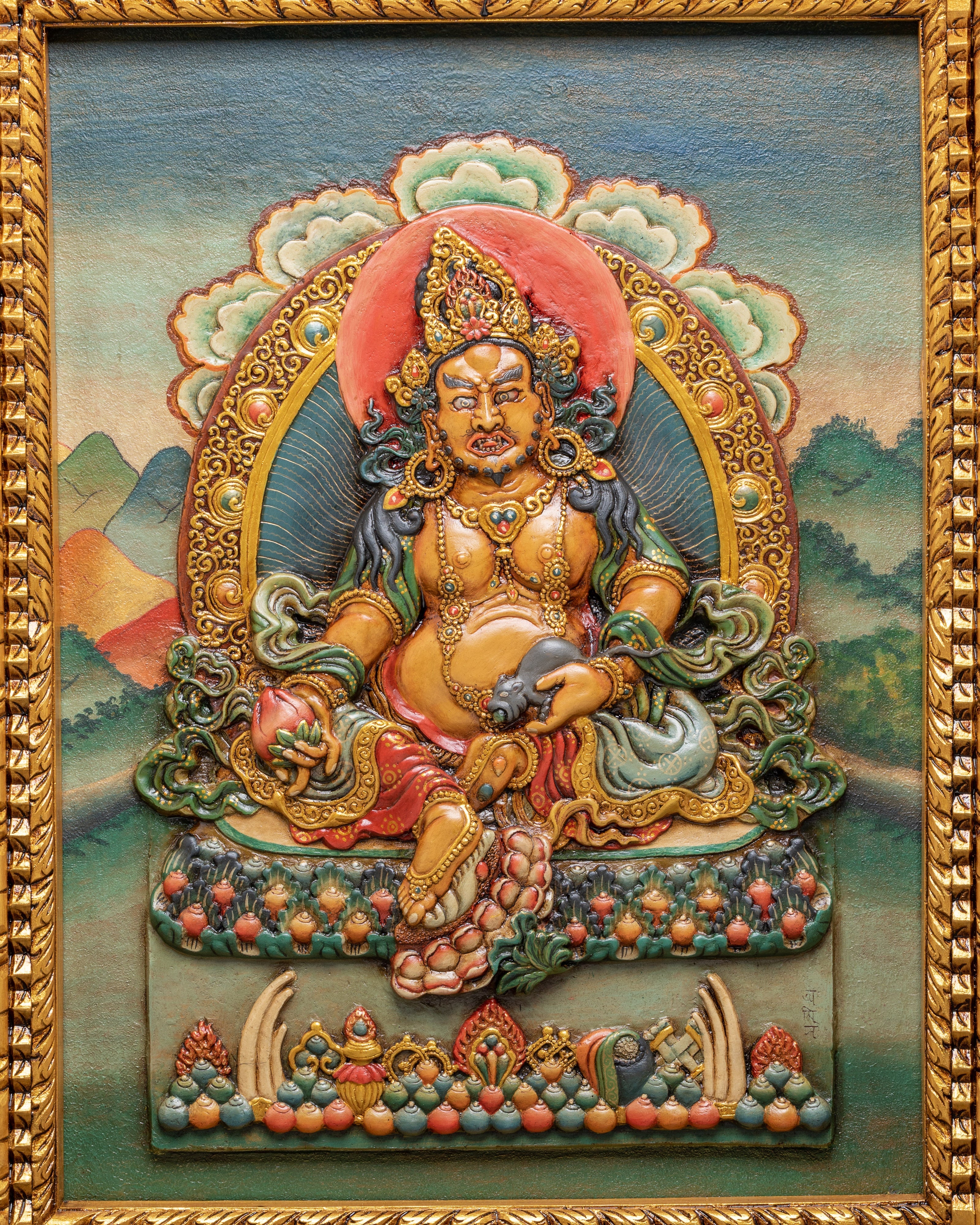 Tibetan Dzambhala Relief Art Wall Hanging | Spiritual Wealth & Prosperity Wall Art