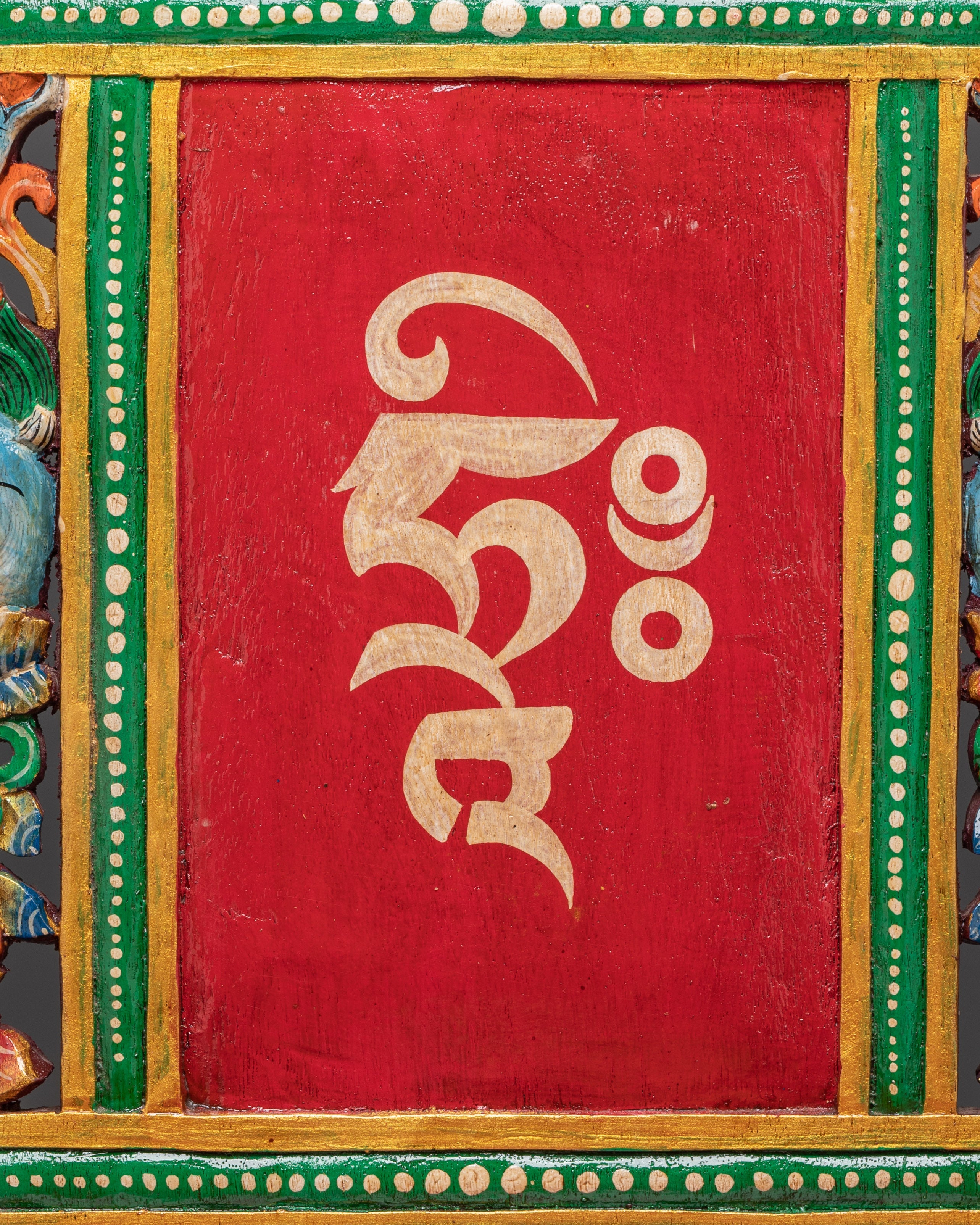 Spiritual Altar Throne with Tibetan Script | Handcrafted Buddhist Wooden Shrine