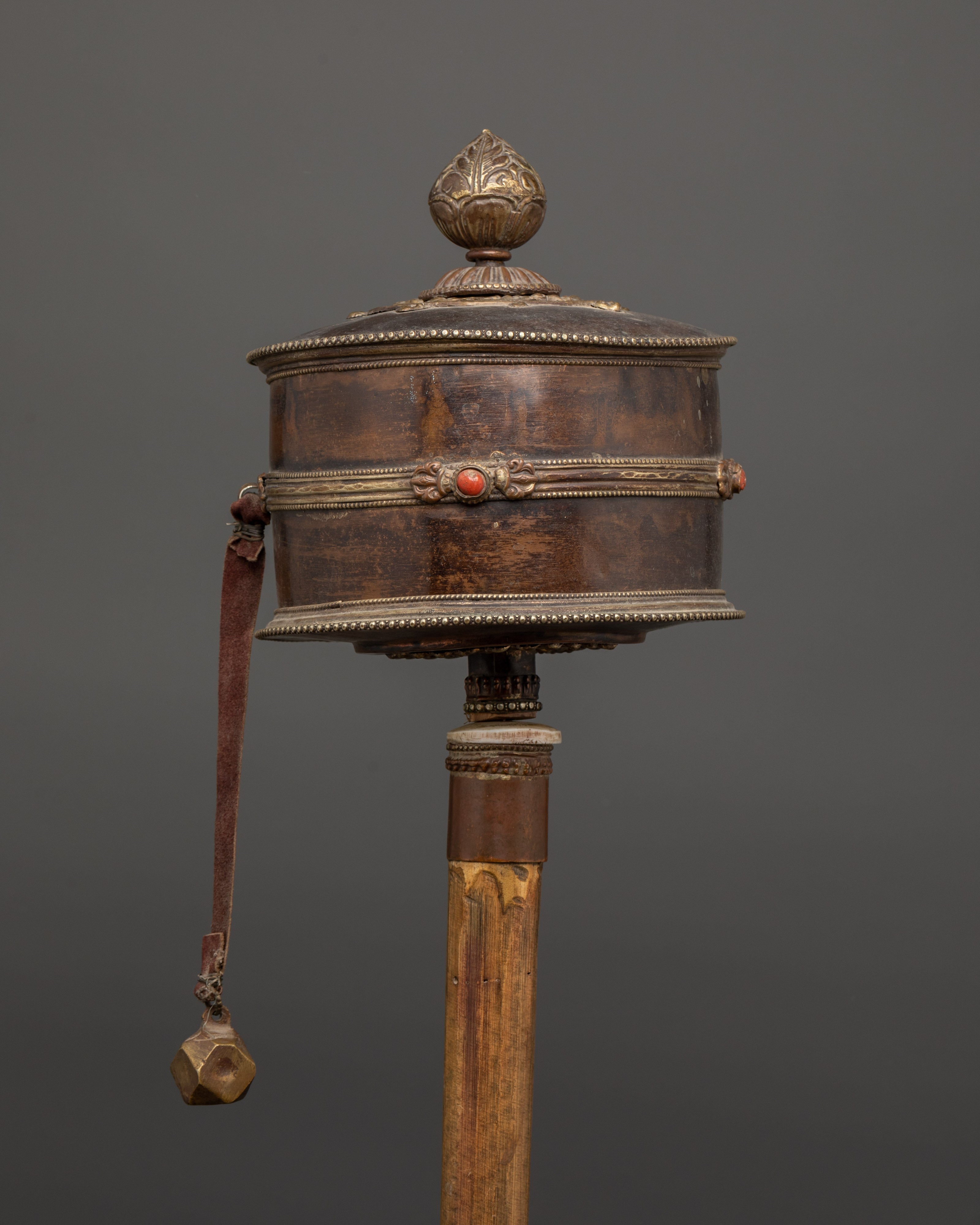 Tibetan Buddhist Oxidized Prayer Wheel | Oxidized Copper & Wooden Mantra Spinner