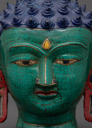 Large Brass Buddha Head Statue | Turquoise & Coral Inlay