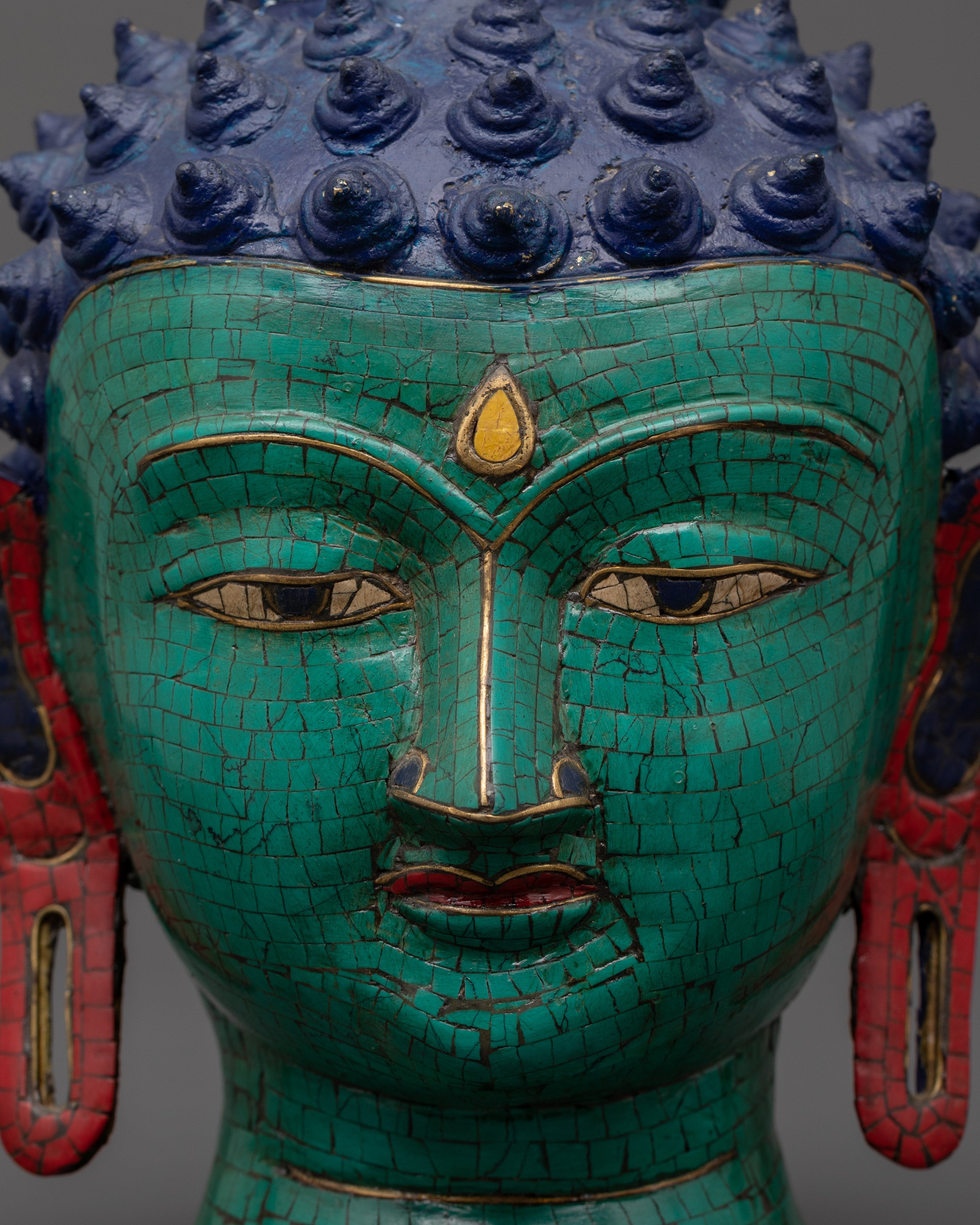 Large Brass Buddha Head Statue | Turquoise & Coral Inlay