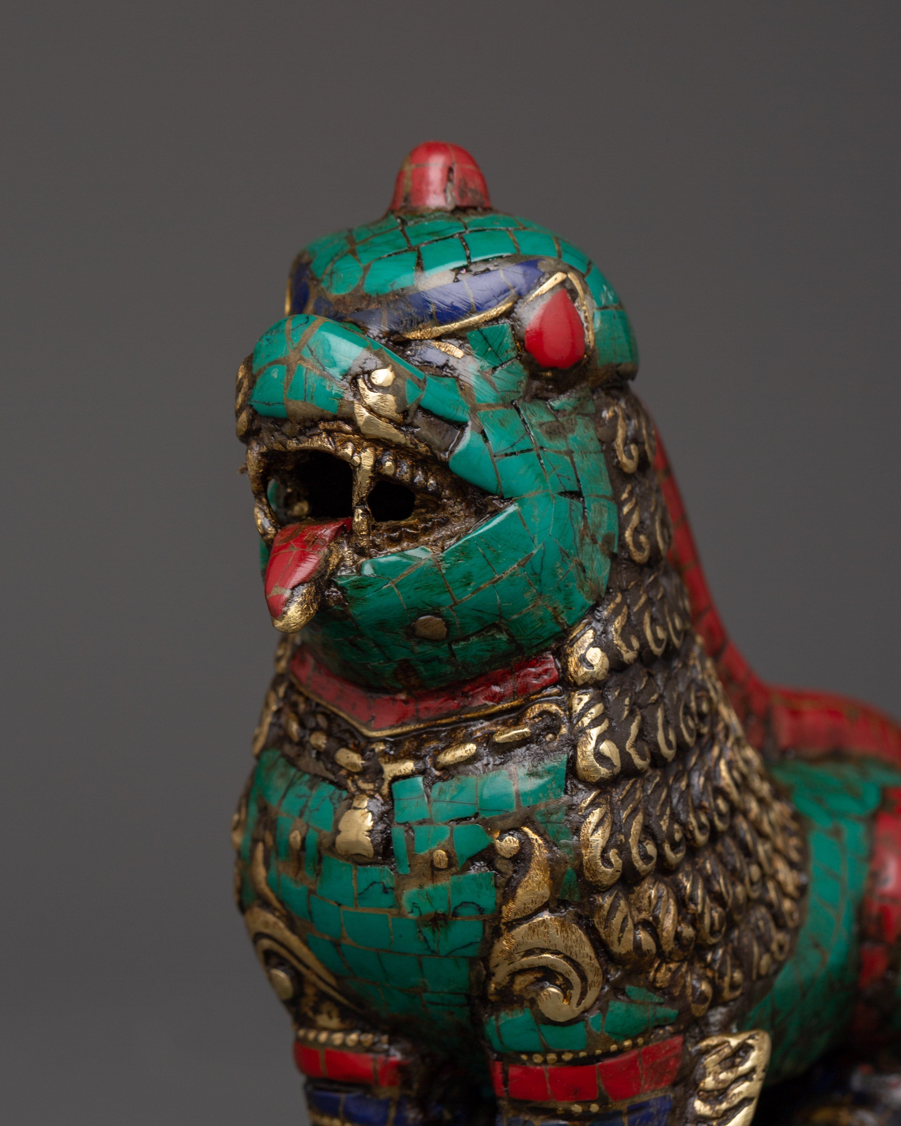 Tibetan Lion Set Brass Guardian Statues | Inlaid with Coral & Turquoise