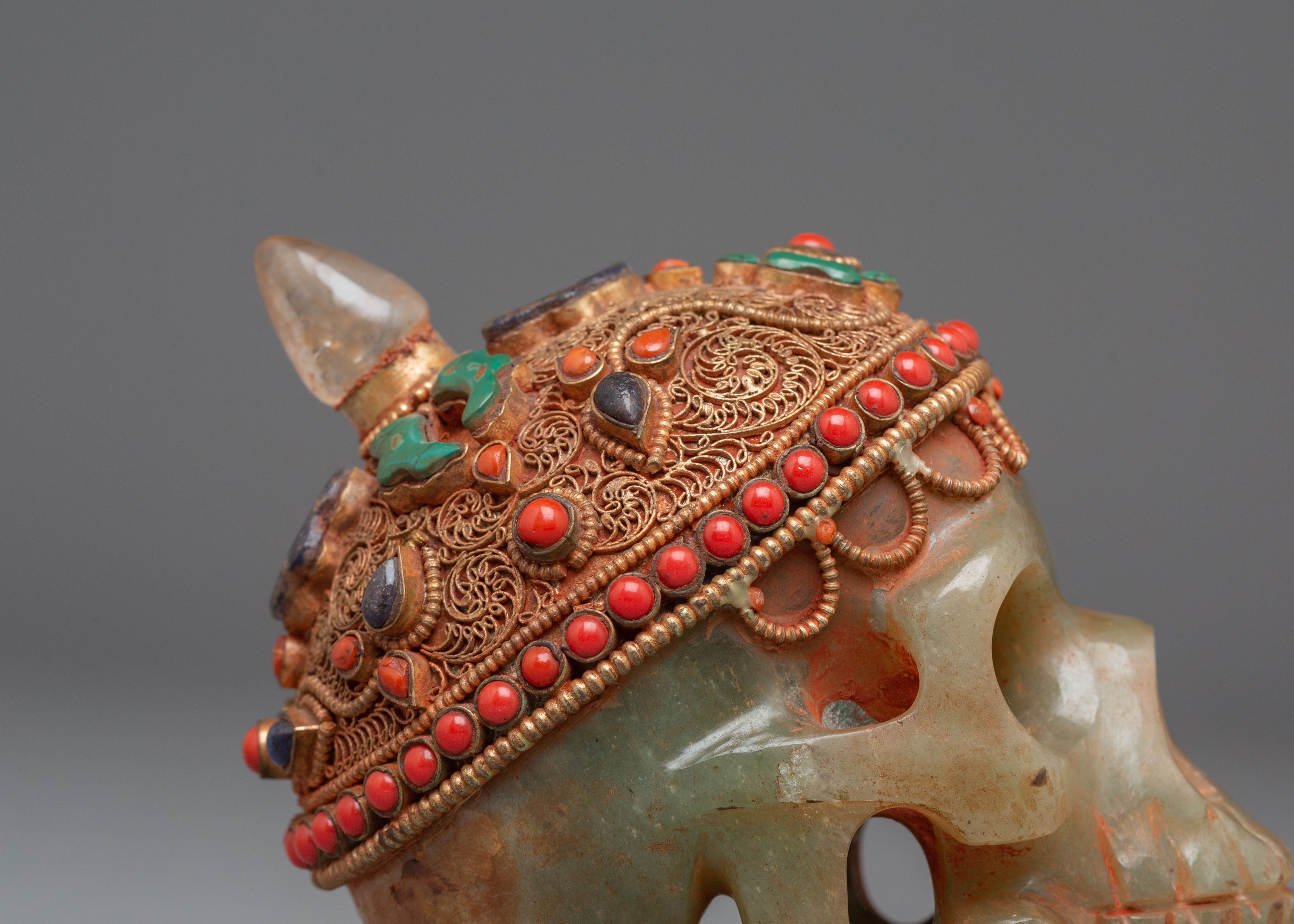 Handcrafted Skull Sculpture | Crystal and Copper Art with Turquoise & Coral