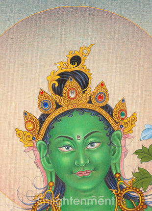Mother Green Tara, A Thangka Painting in Natural Stone Colors