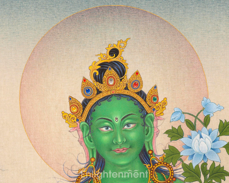 Mother Green Tara, A Thangka Painting in Natural Stone Colors