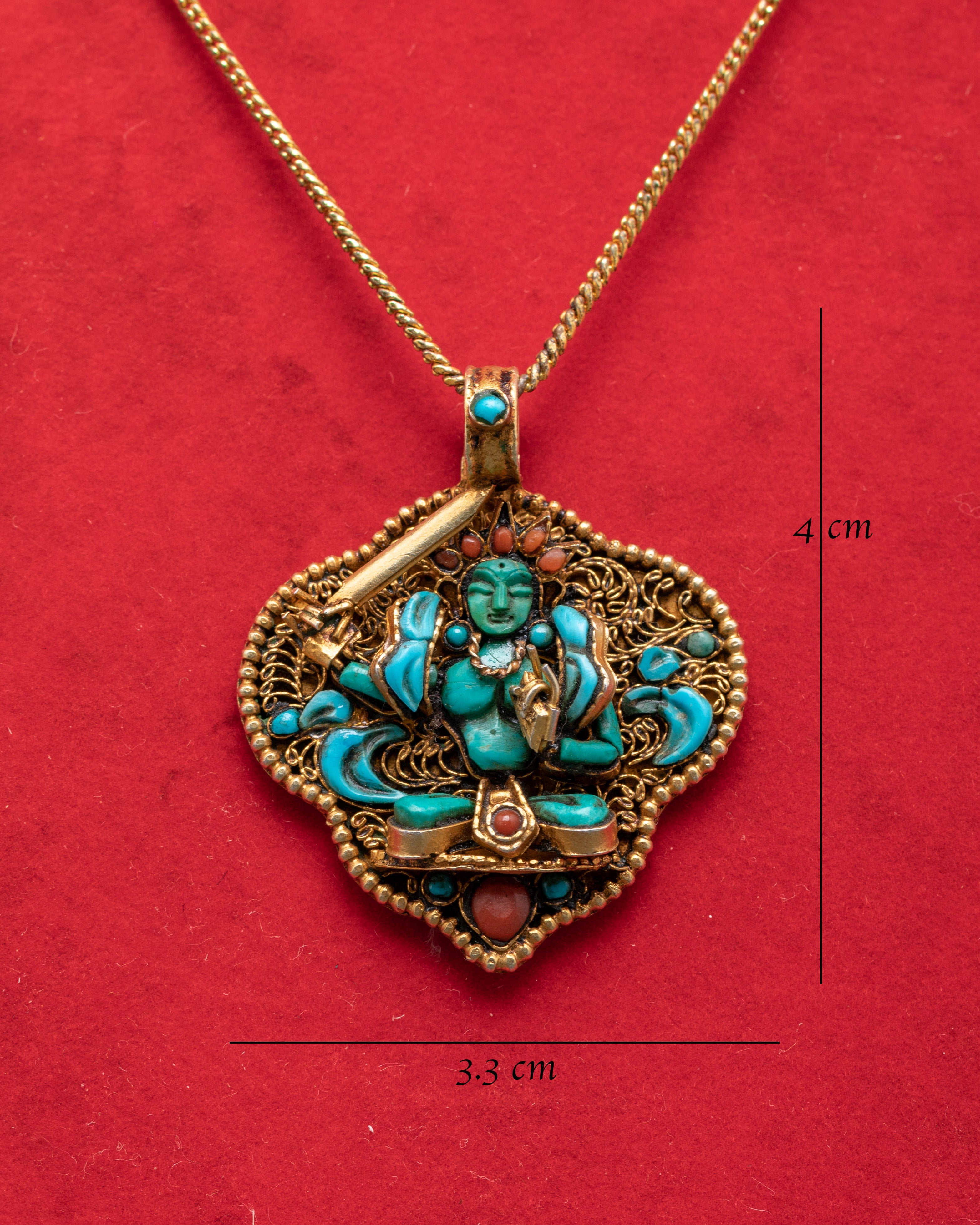 Handcrafted Manjushri Pendant | Silver, Gold Plated with Turquoise & Coral Stones