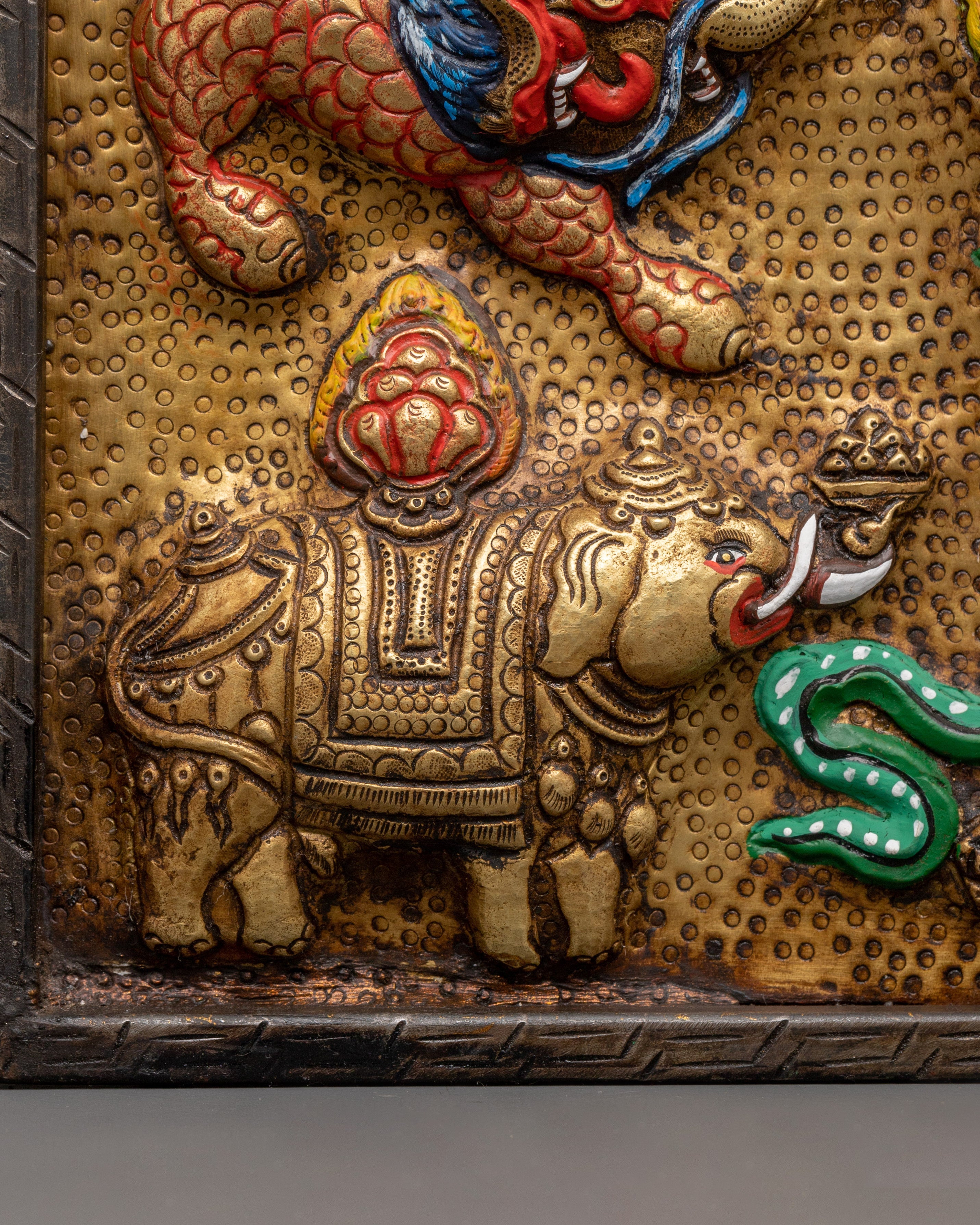 Handcrafted Brass Tibetan Wall Hanging | Tibetan Decor with Elephants & Dragon