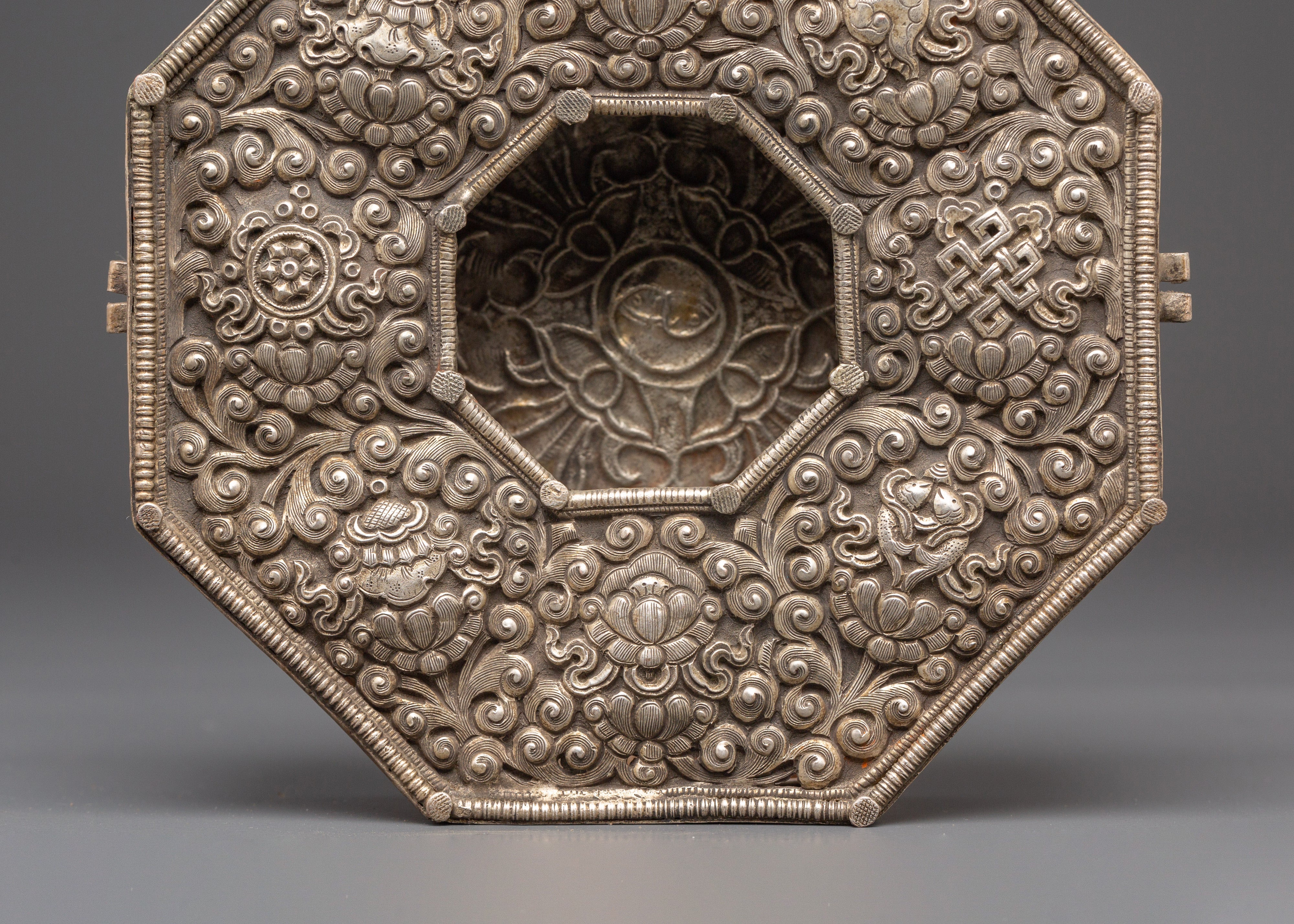 Handmade Tibetan Silver Plated Ghau Box | Copper Body with Unique Motifs