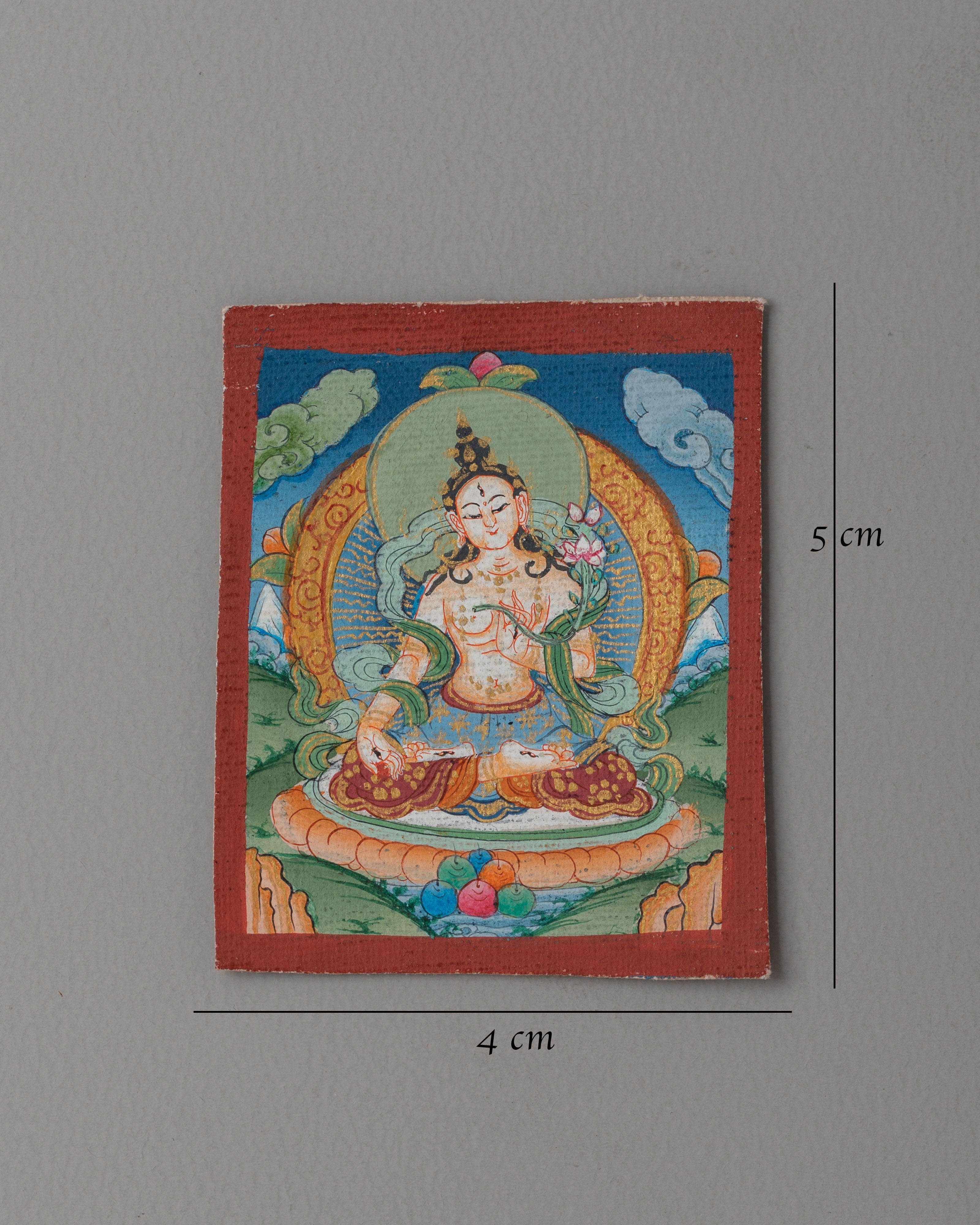 Handpainted White Tara Thangka for Locket | 24K Gold and Acrylic Art on Cotton Canvas
