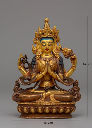 Gold Plated Chenrezig Statue | Avalokiteshvara Copper Buddha