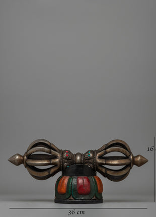 Iron Vajra with a Wooden Base and Turquoise Coral Inlays | Acrylic Painted Base