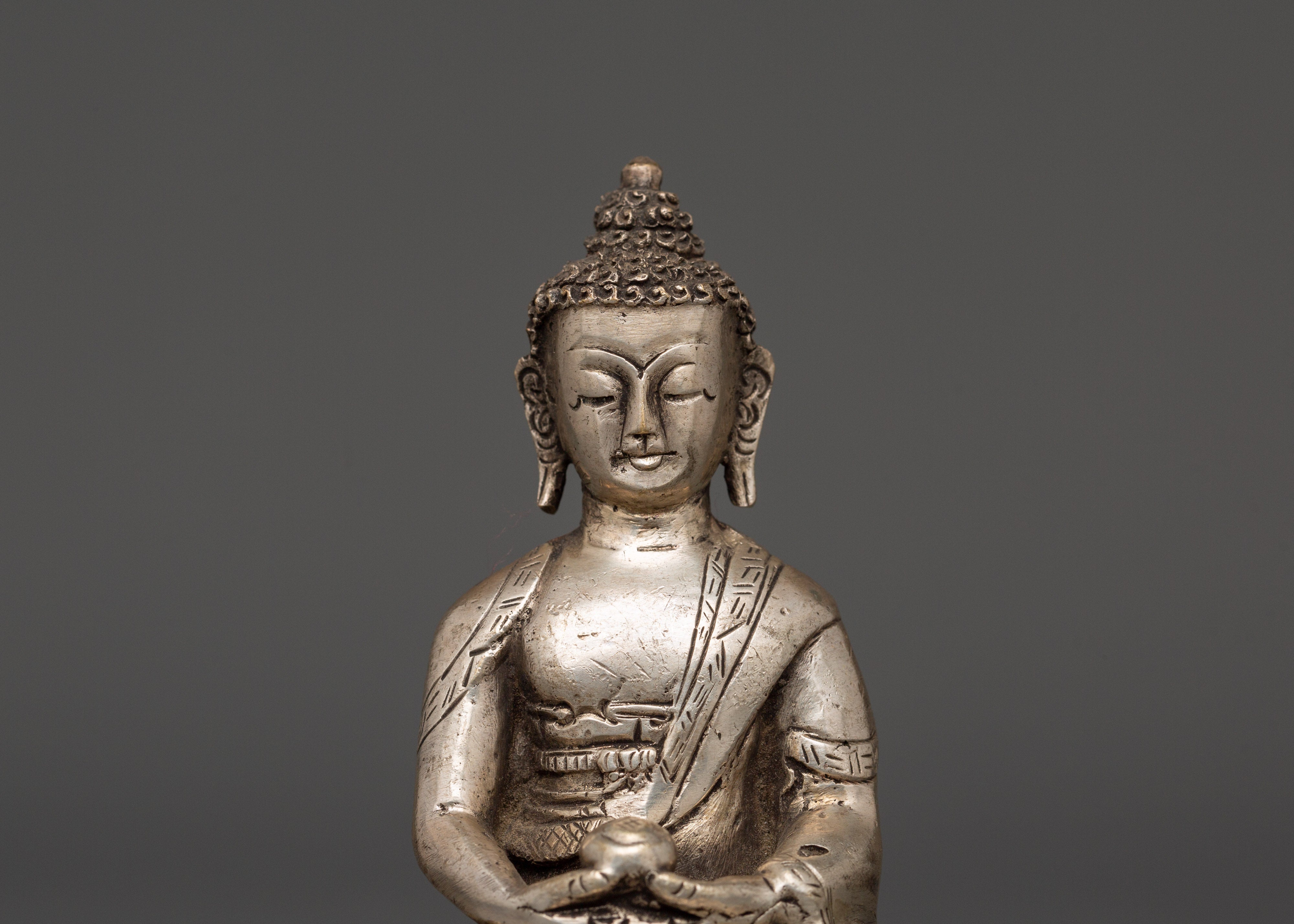 Tibetan Enlightenment Deity Amitabha Buddha Statue | Silver-Plated Copper Sculpture