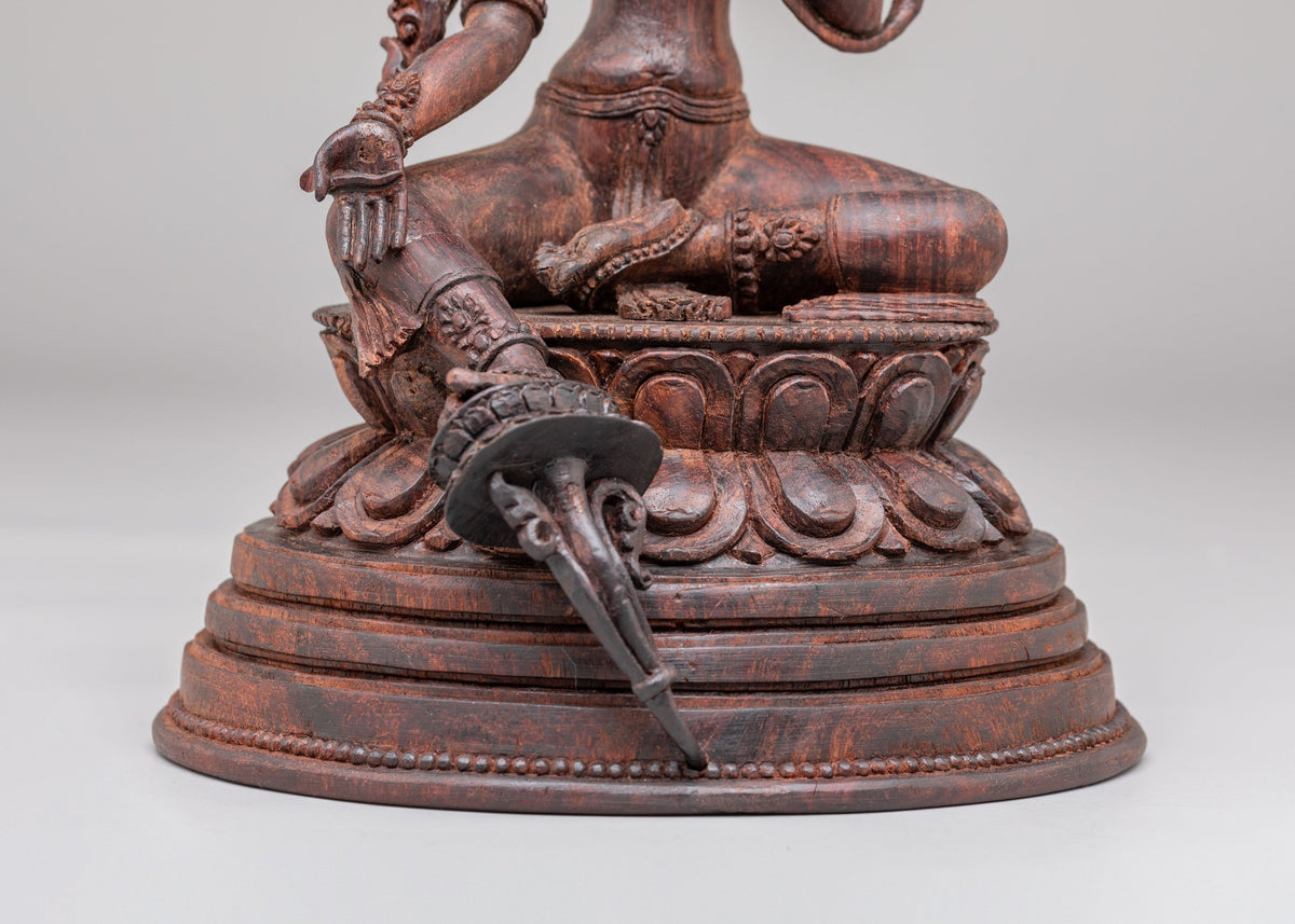 Handcarved Wooden Green Tara Altar Statue | Buddhist Goddess of Compassion