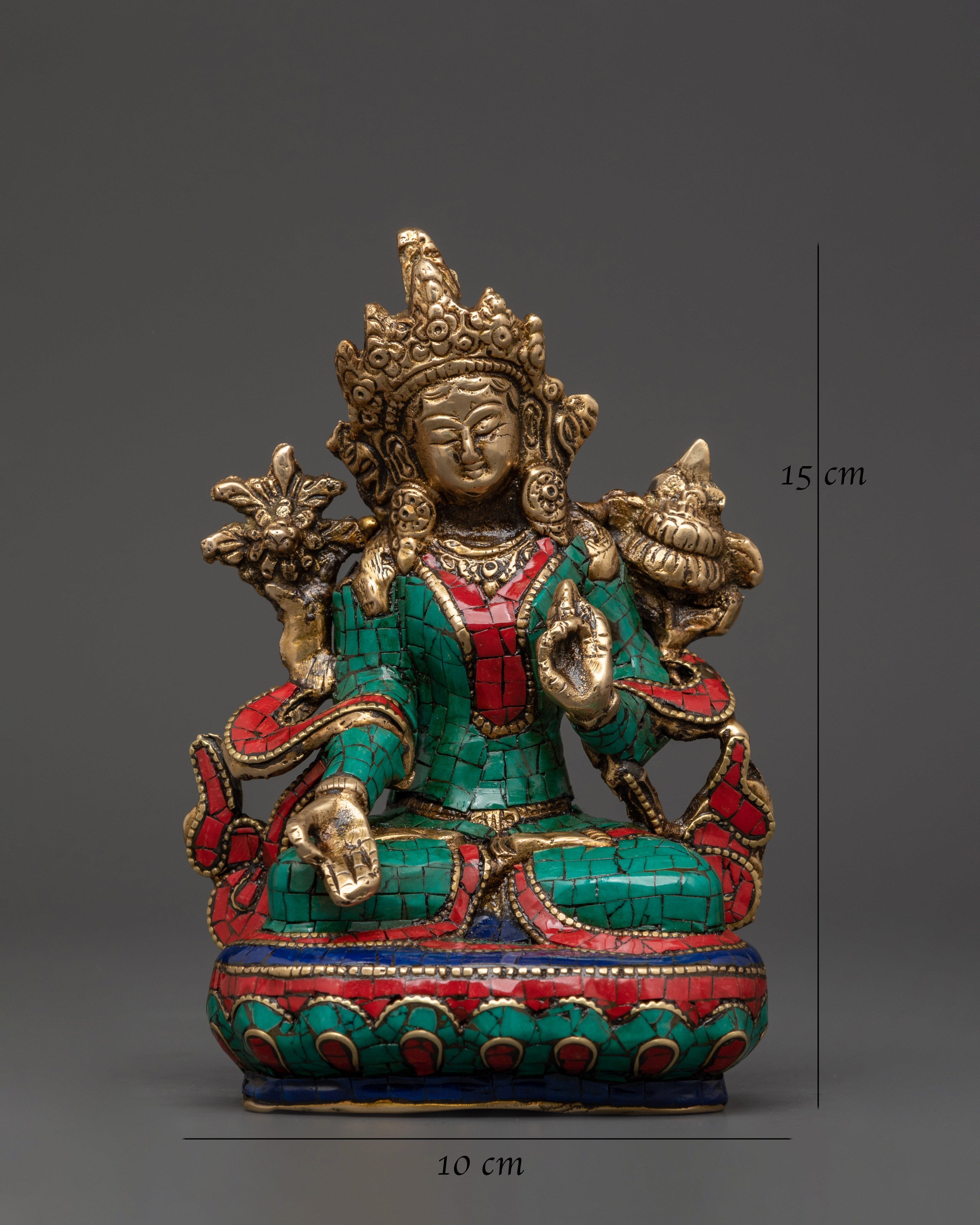 White Tara Handcrafted Brass Statue | Tibetan Art with Turquoise